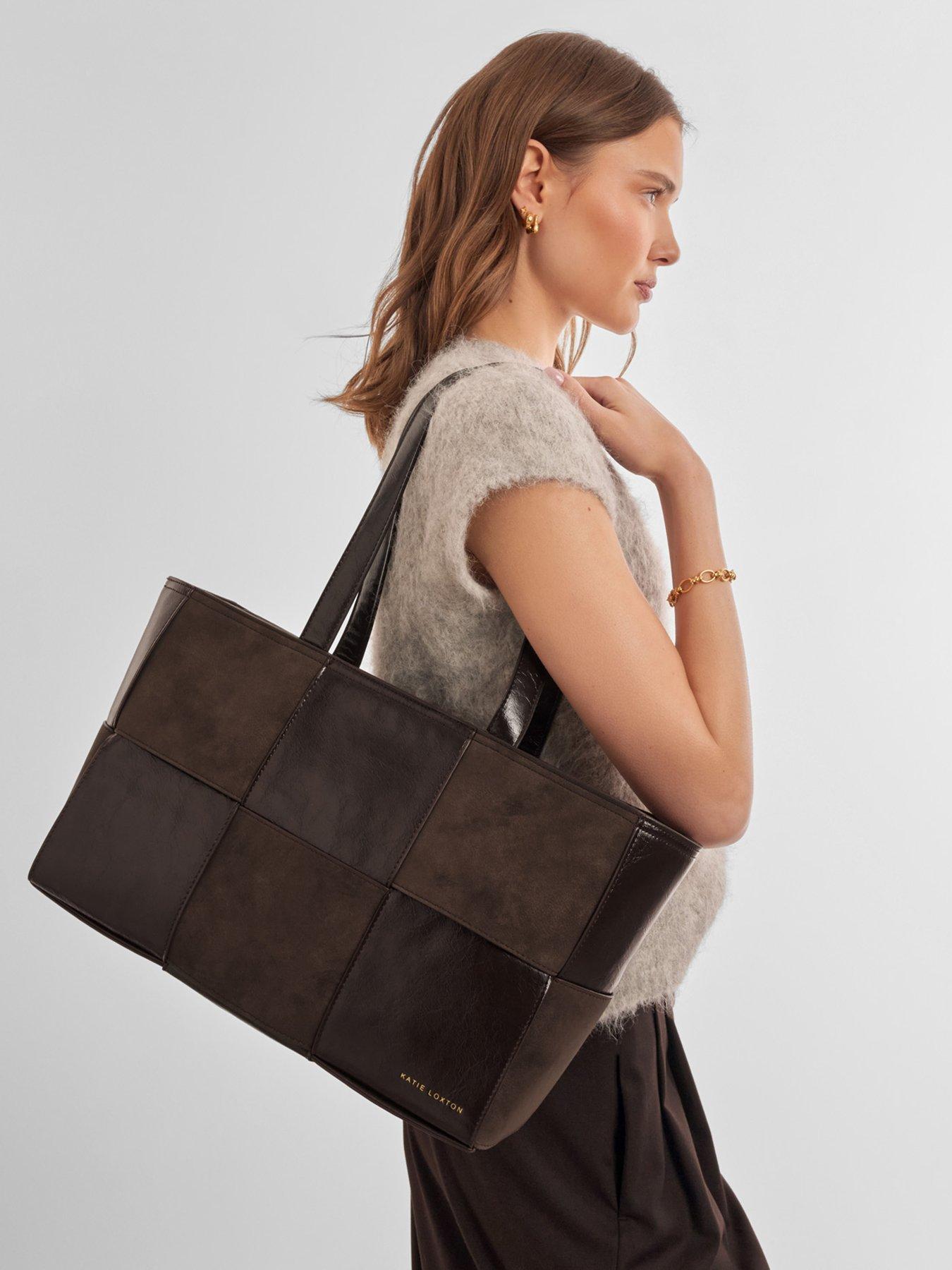 Katie Loxton Taya Woven Tote Bag - Bitter Chocolate Patent Crackle / Bitter Chocolate Suedette