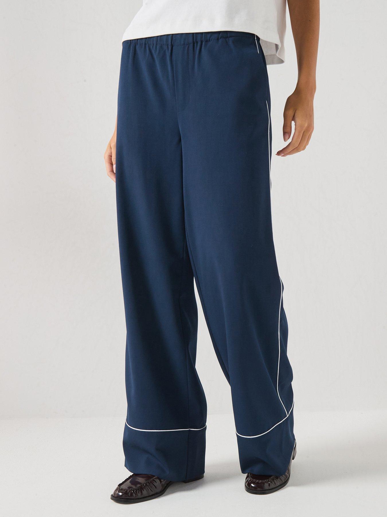 Vero Moda Linen Rich Wide Leg Trousers with Side Piping Detail - Navy Blue