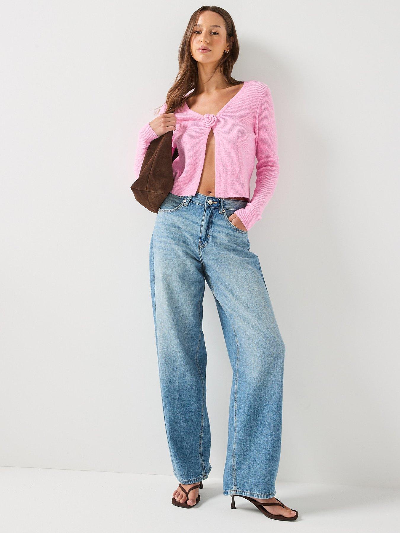 Image 4 of 6 of Only Pink Ribbed Flower Detail Cardigan