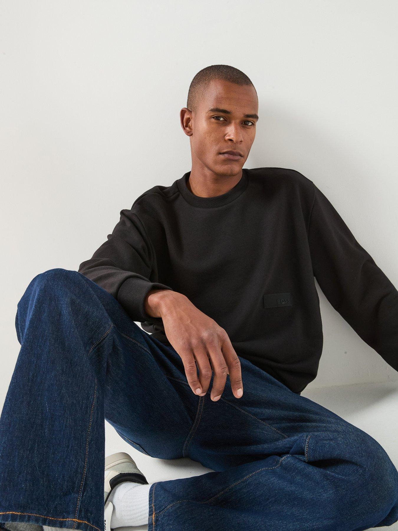 Image 1 of 6 of BOSS Crewneck Rubber Patch Logo Crew Sweater - Black