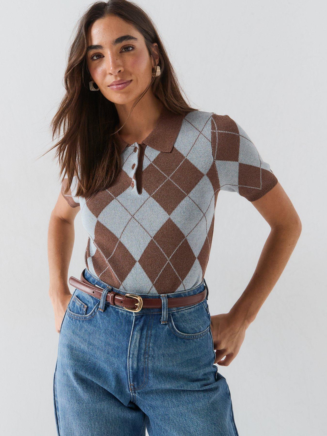 Image 1 of 5 of Vero Moda Short Sleeve Argyle Jumper - Brown