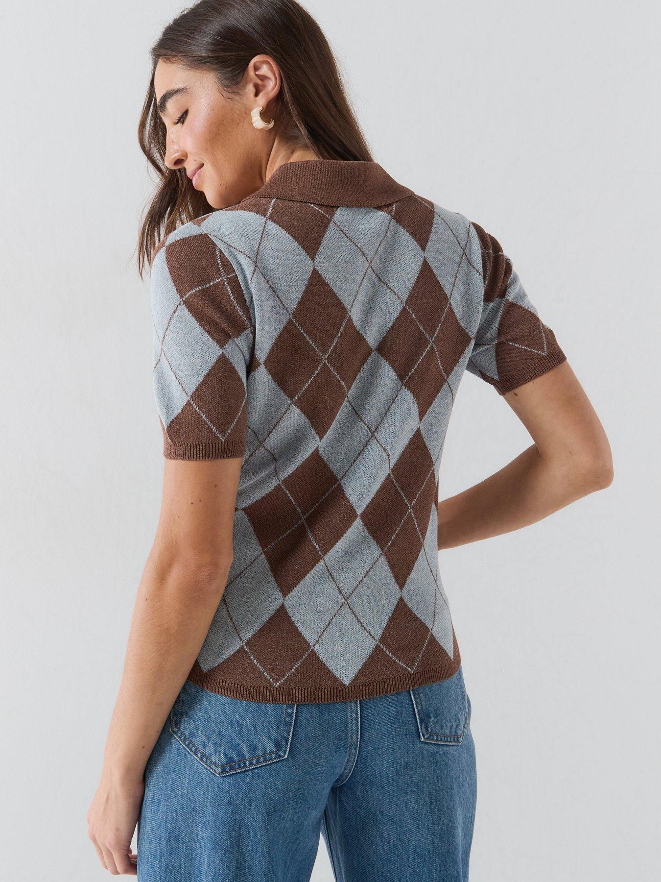Image 2 of 5 of Vero Moda Short Sleeve Argyle Jumper - Brown