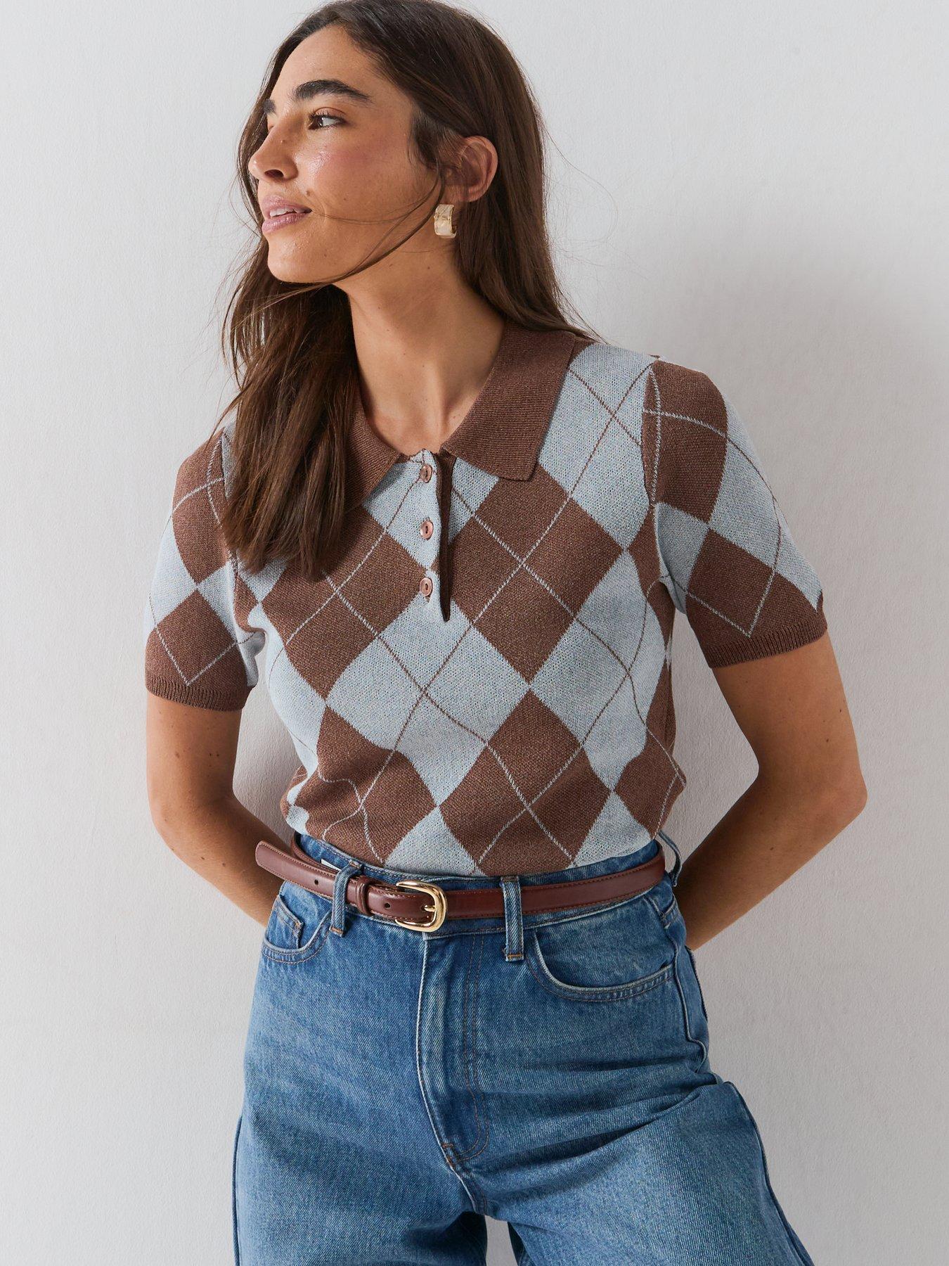 Image 4 of 5 of Vero Moda Short Sleeve Argyle Jumper - Brown