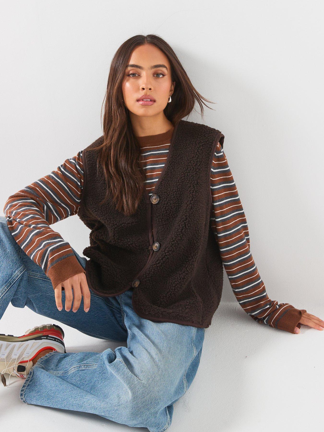Vero Moda Women's Button Front Fleece Waistcoat - Brown