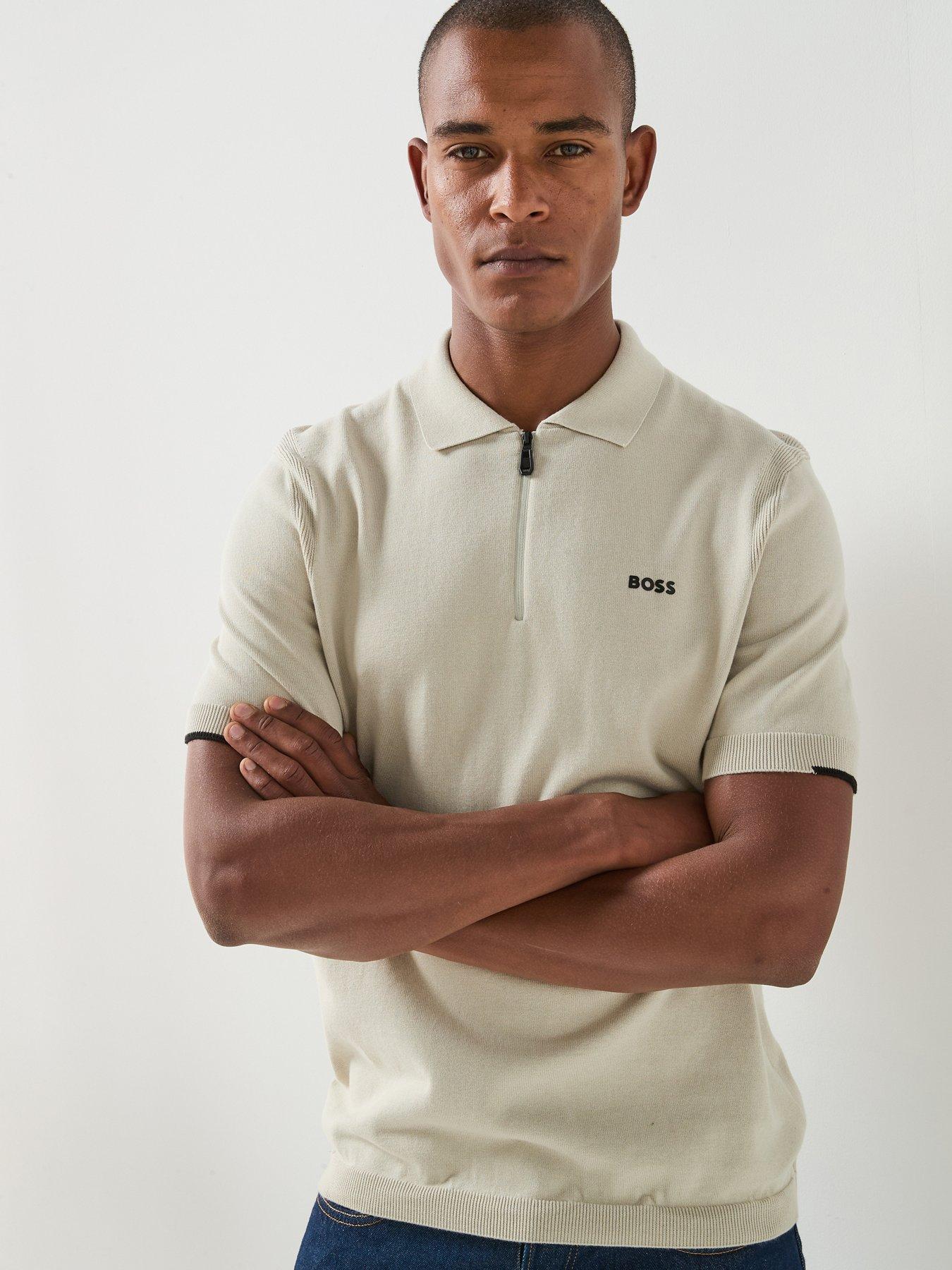 BOSS Boss Kn_ever-x Relaxed Fit 1/4 Zip Knitted Polo Shirt - Light Beige