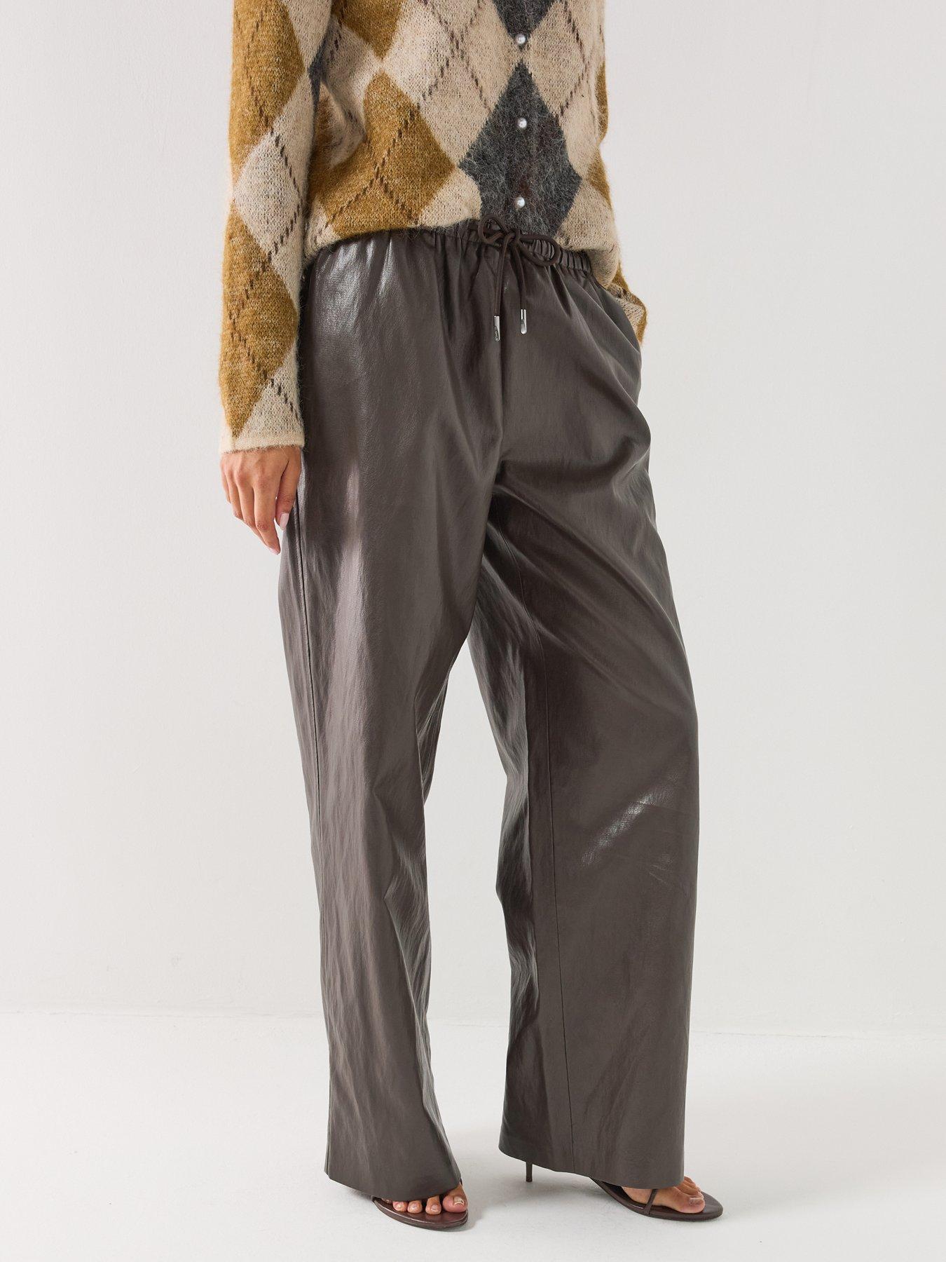 Image 1 of 6 of Only Wide Leg Pull Up Faux Leather Trousers - Black