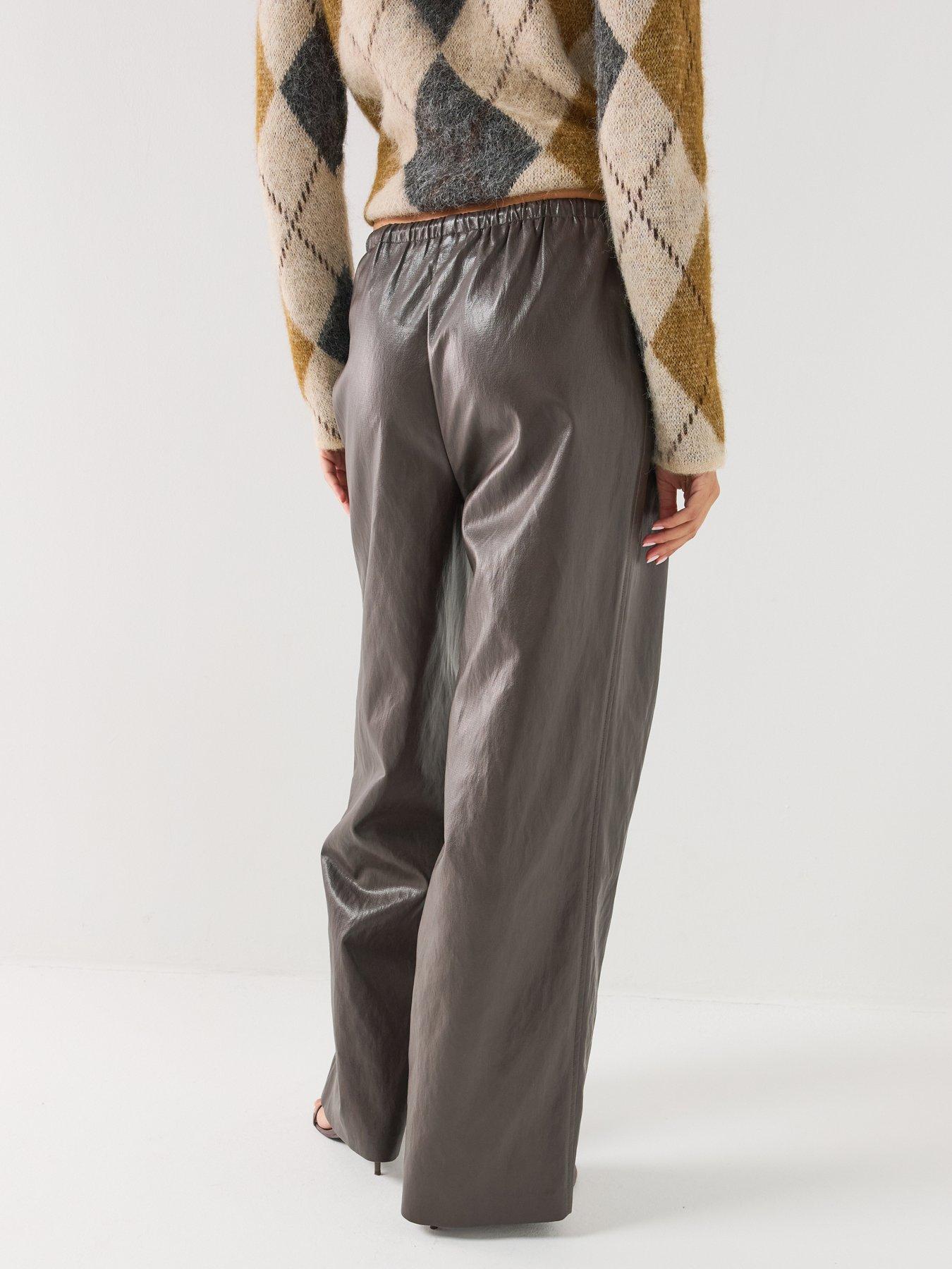 Image 2 of 6 of Only Wide Leg Pull Up Faux Leather Trousers - Black