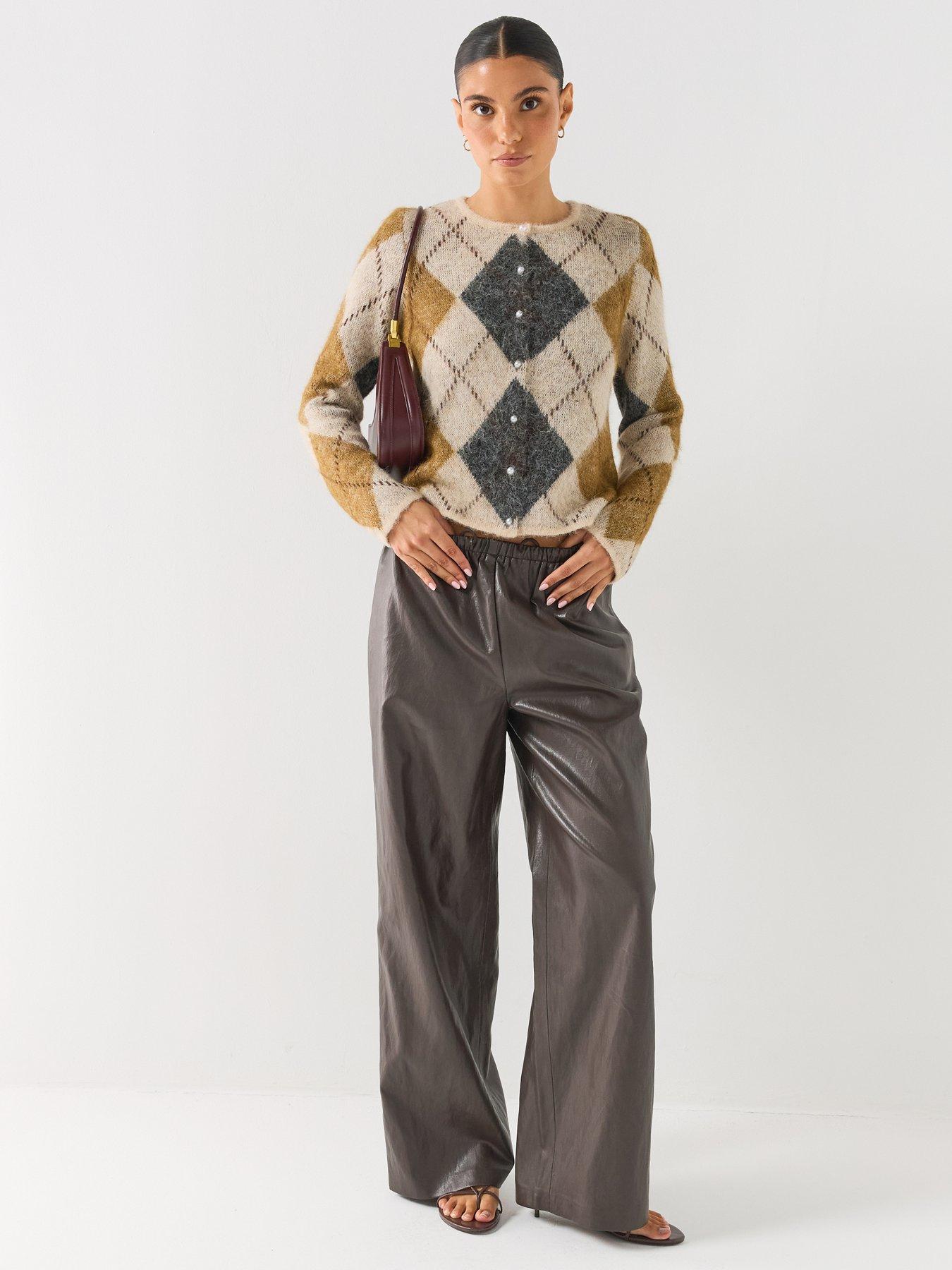 Image 3 of 6 of Only Wide Leg Pull Up Faux Leather Trousers - Black