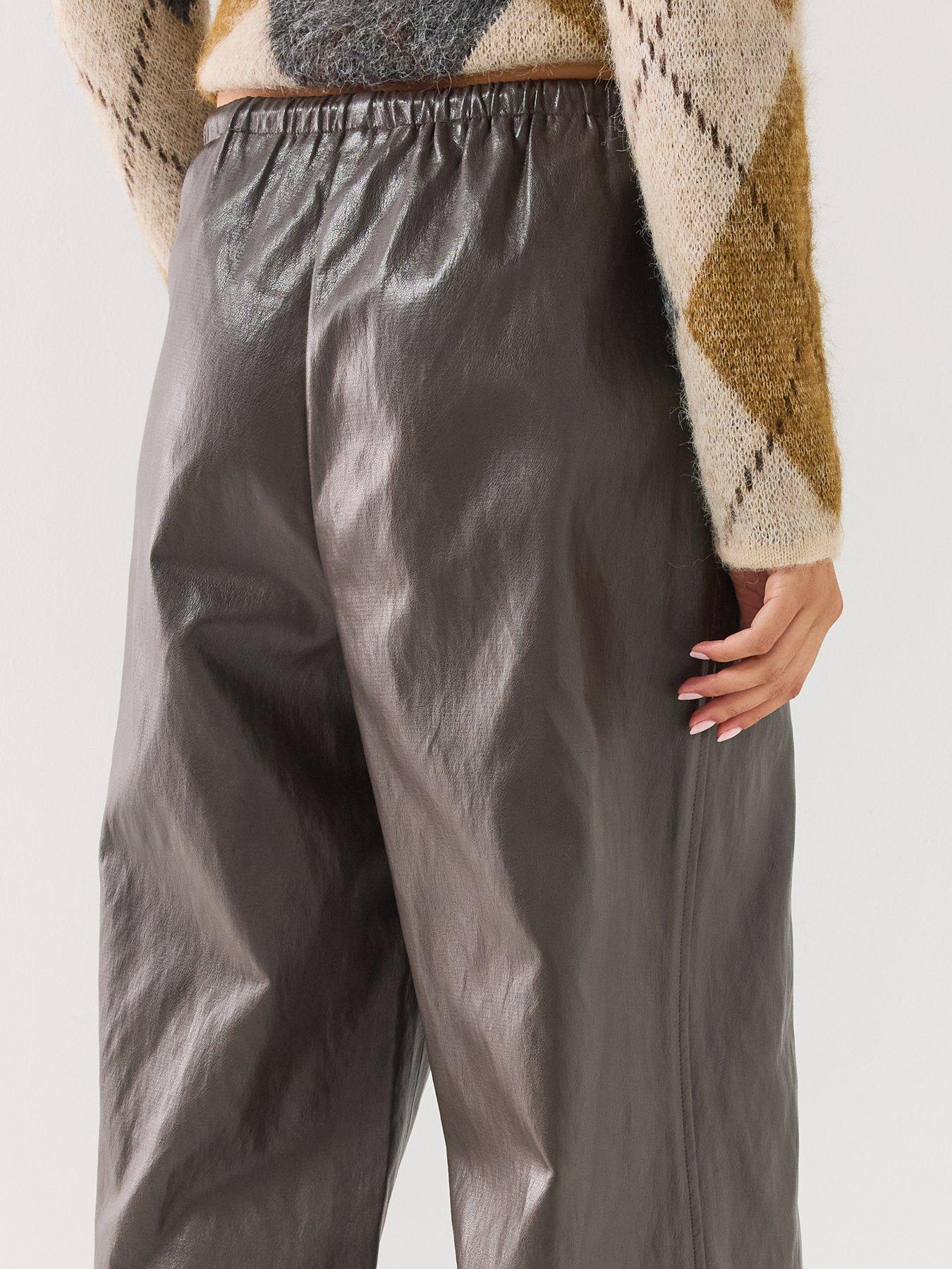 Image 4 of 6 of Only Wide Leg Pull Up Faux Leather Trousers - Black