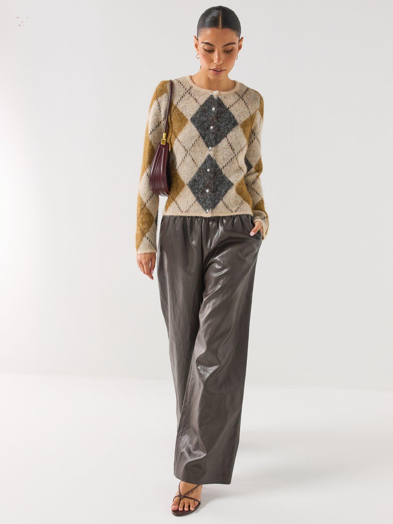 Image 6 of 6 of Only Wide Leg Pull Up Faux Leather Trousers - Black