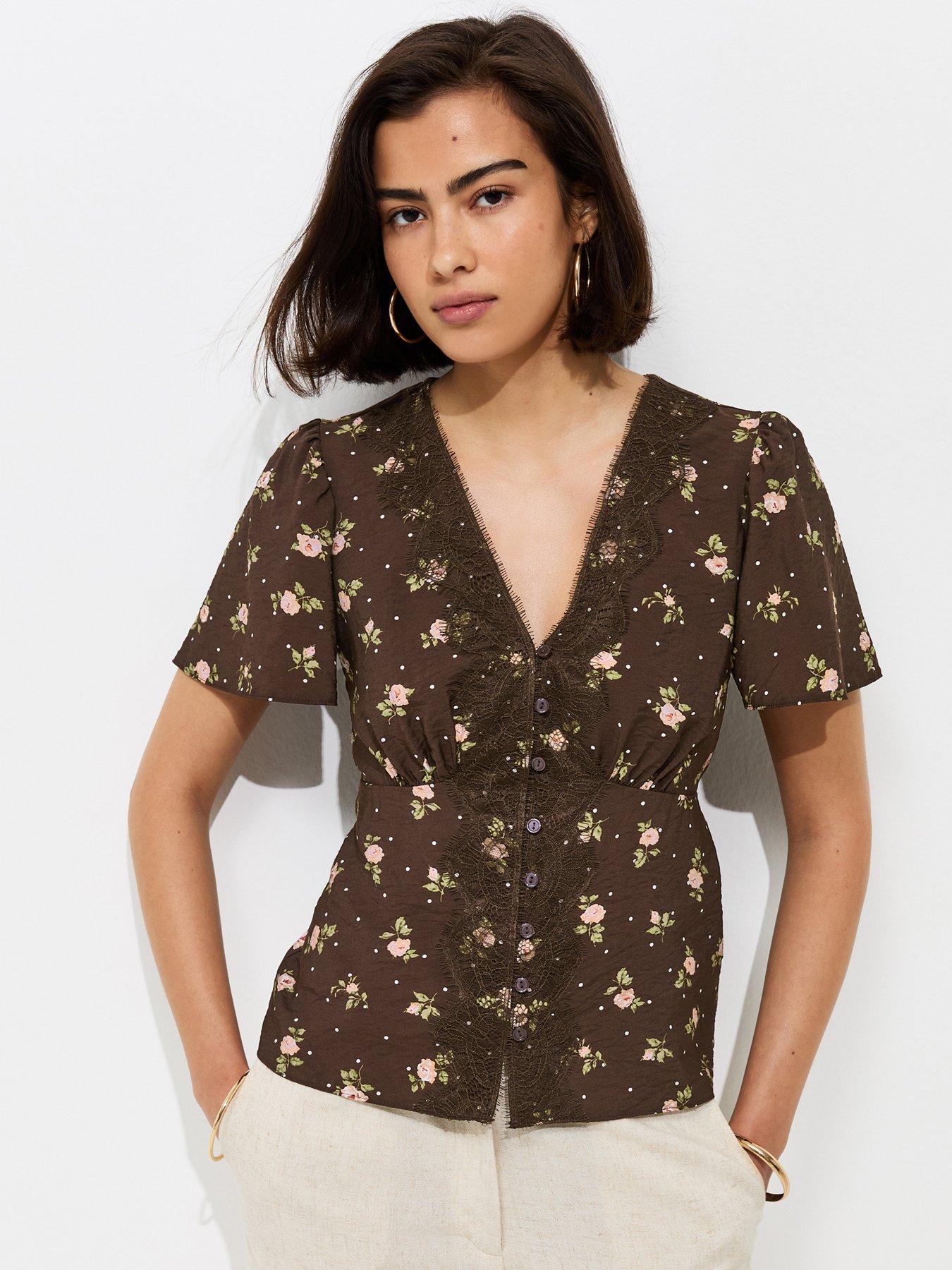 Image 1 of 5 of New Look Floral Spot Lace Trim Blouse - Brown