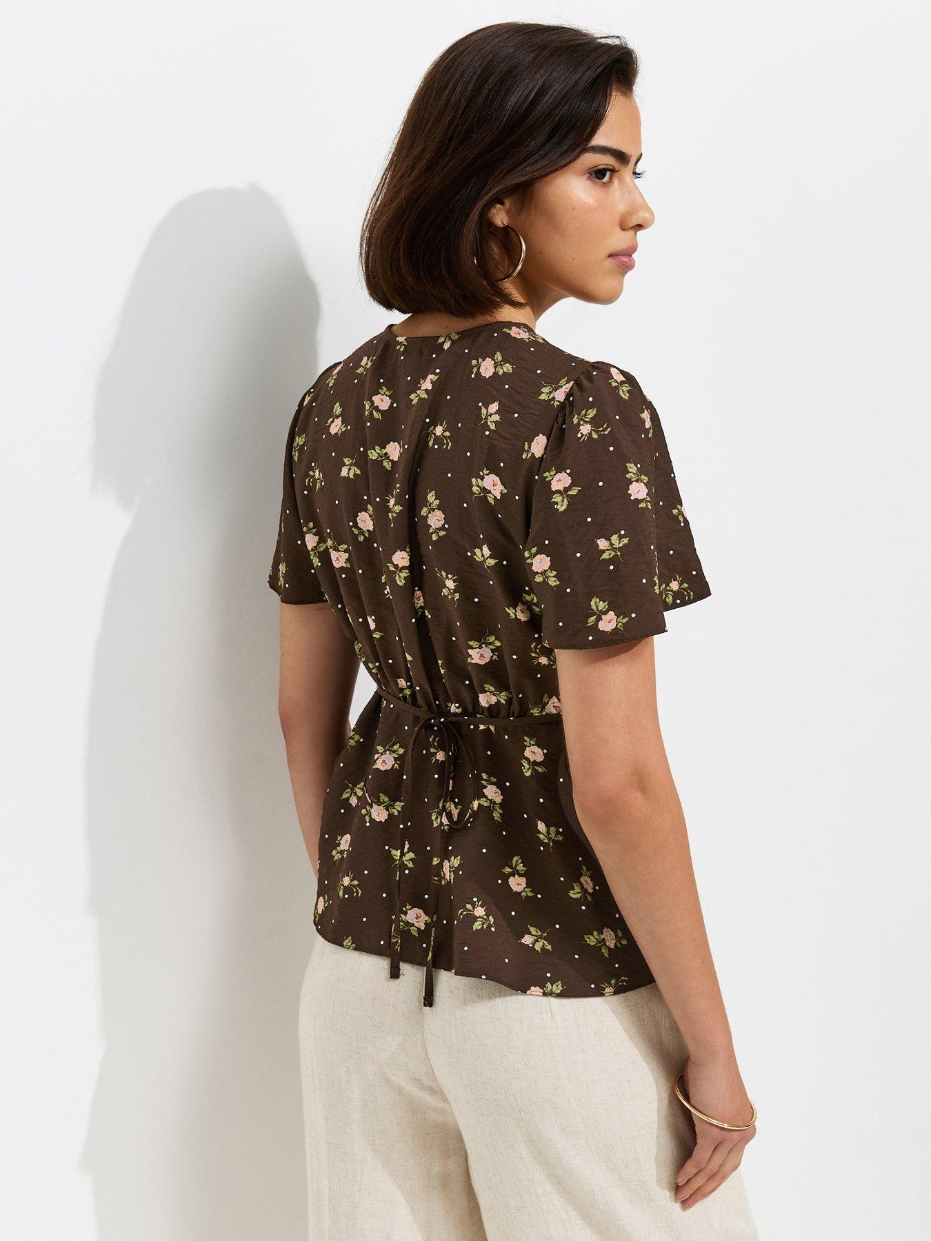 Image 2 of 5 of New Look Floral Spot Lace Trim Blouse - Brown