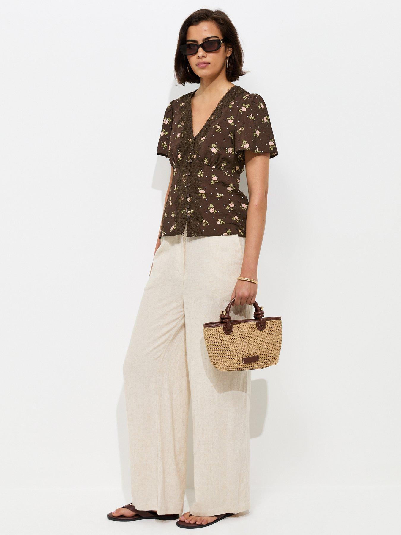 Image 3 of 5 of New Look Floral Spot Lace Trim Blouse - Brown