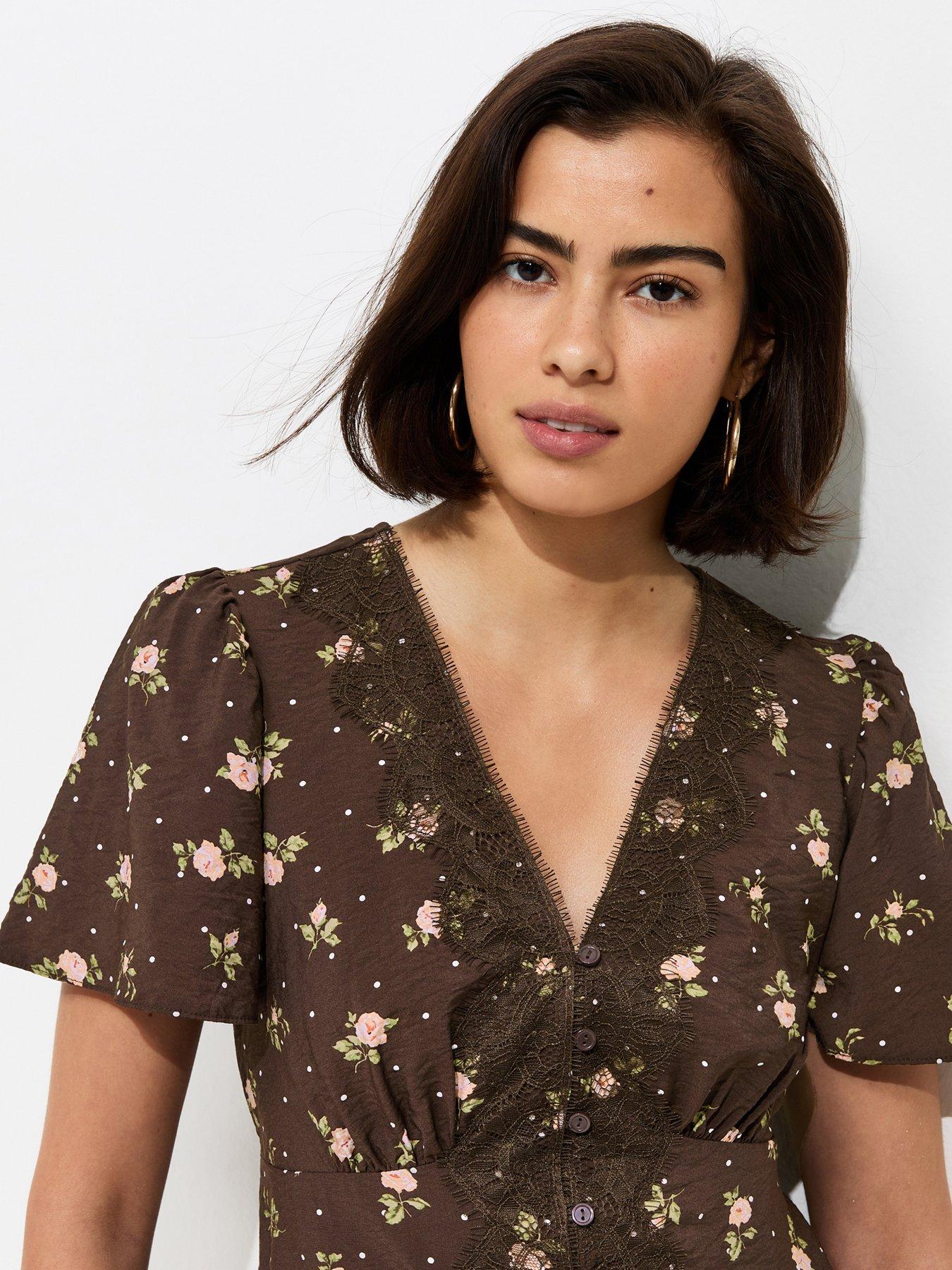 Image 4 of 5 of New Look Floral Spot Lace Trim Blouse - Brown