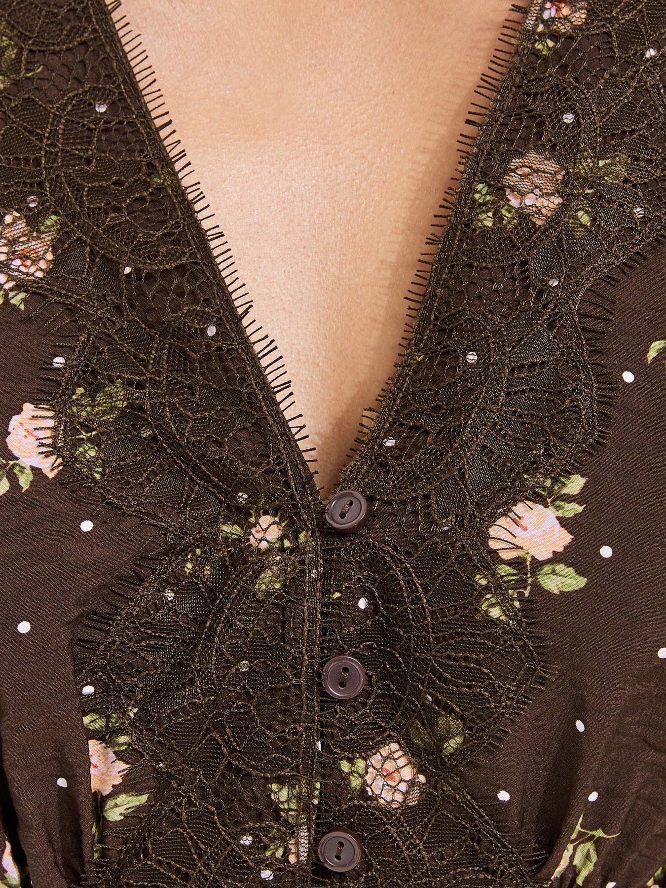 Image 5 of 5 of New Look Floral Spot Lace Trim Blouse - Brown