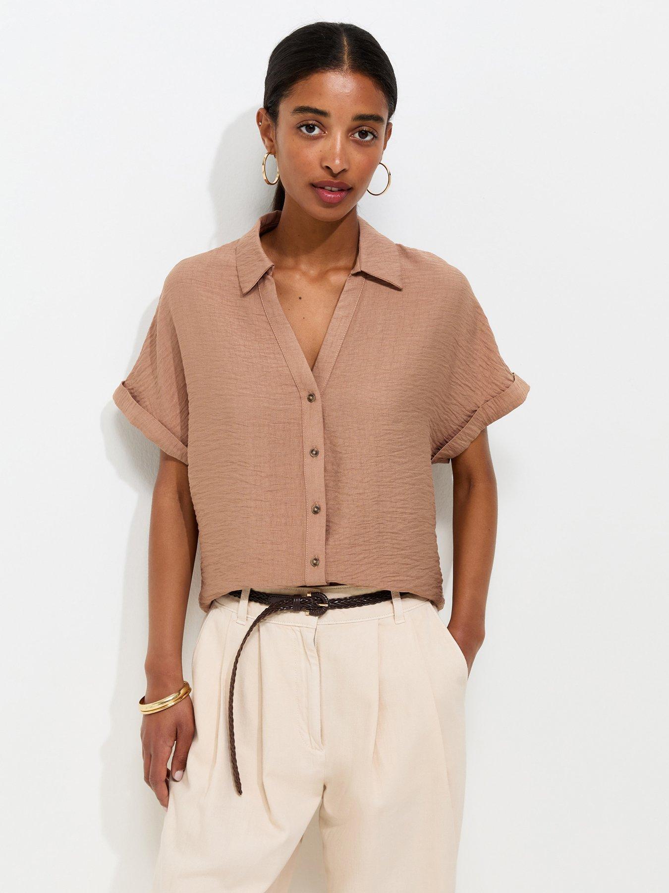 Image 1 of 5 of New Look Mink Crinkle Texture V-Neck Short Sleeve Shirt - Brown