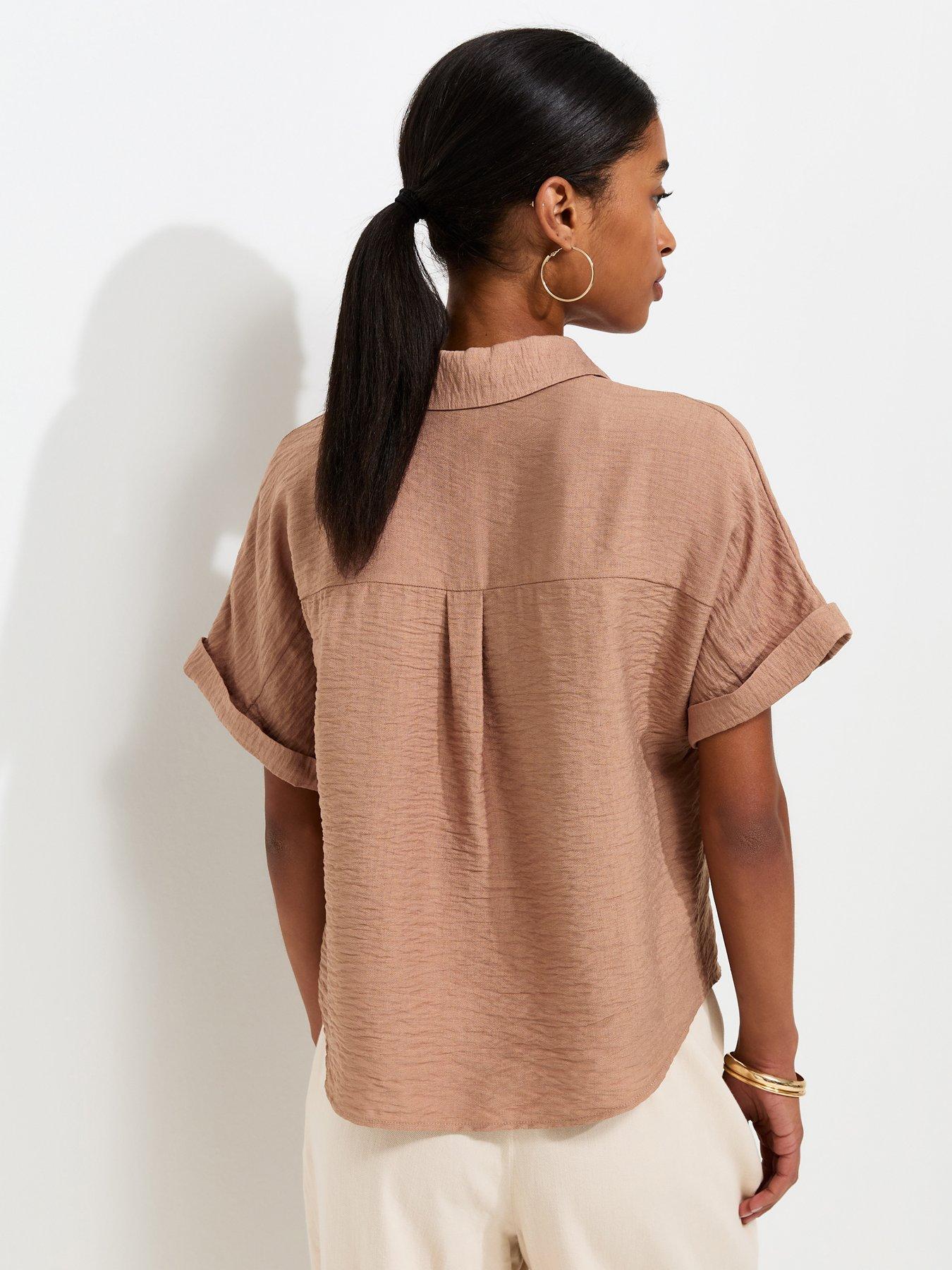 Image 2 of 5 of New Look Mink Crinkle Texture V-Neck Short Sleeve Shirt - Brown