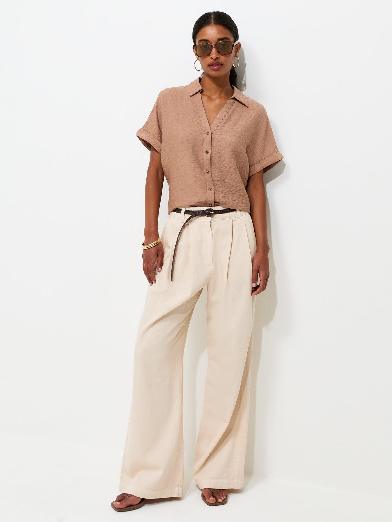 Image 3 of 5 of New Look Mink Crinkle Texture V-Neck Short Sleeve Shirt - Brown