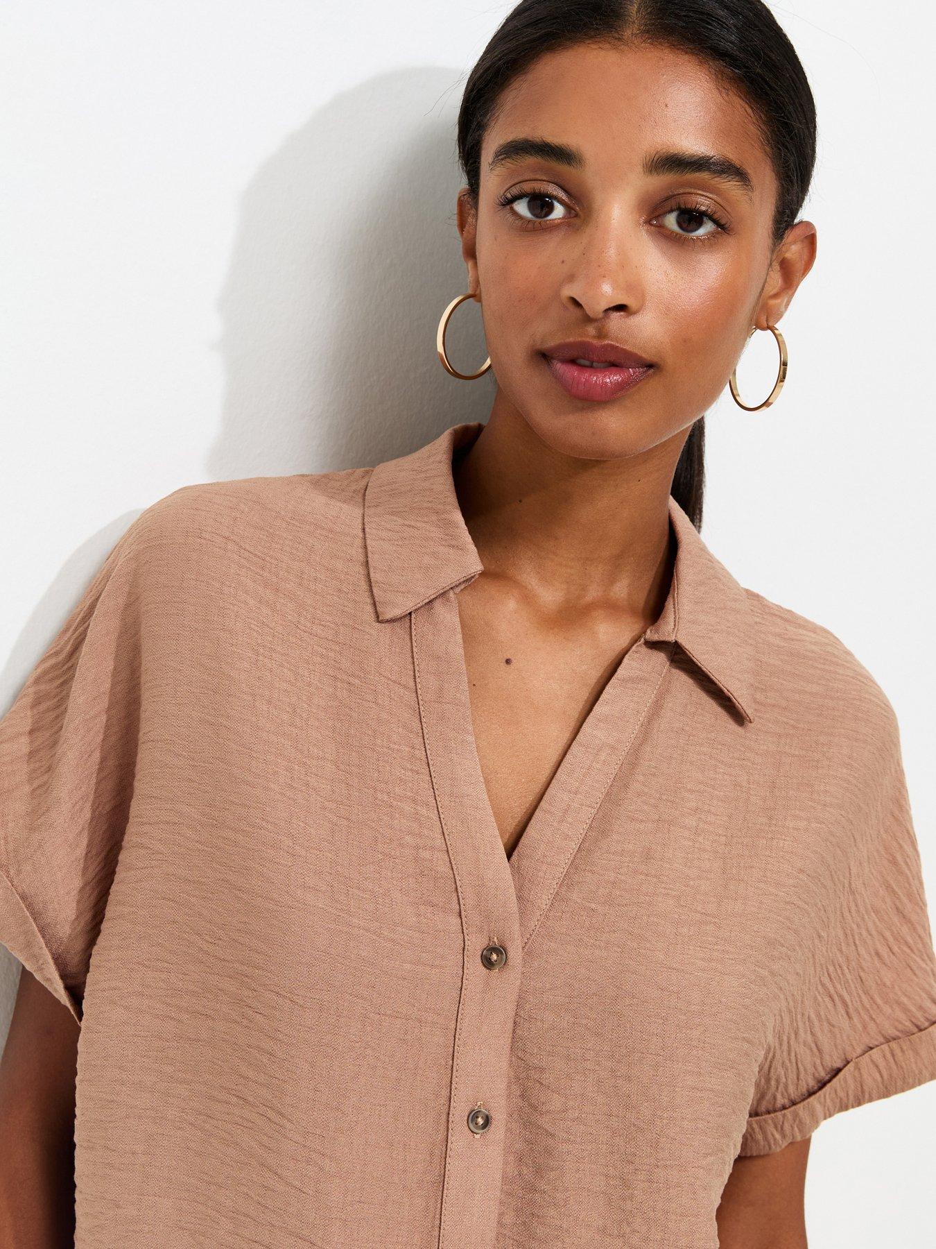 Image 4 of 5 of New Look Mink Crinkle Texture V-Neck Short Sleeve Shirt - Brown