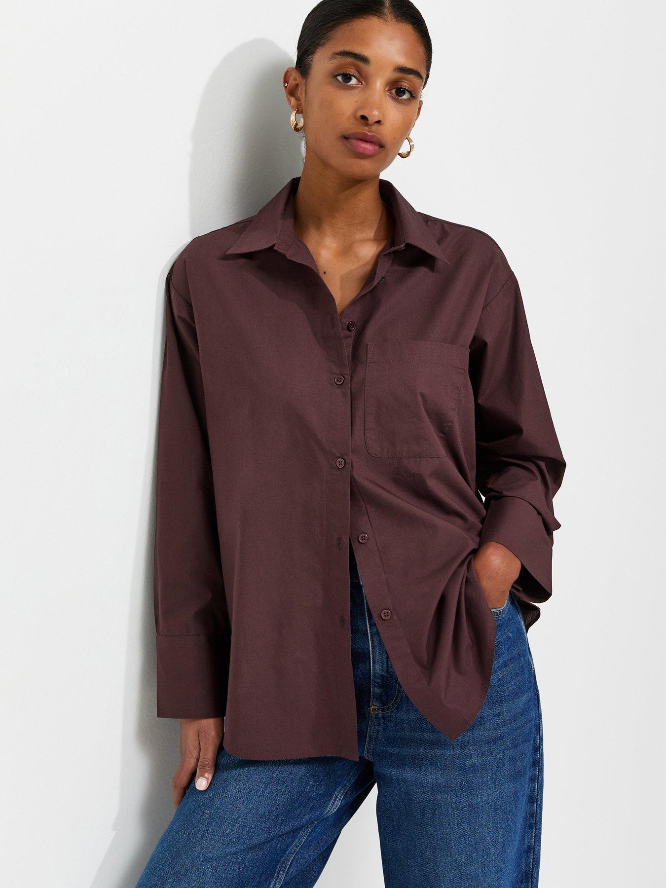 New Look Dark Burgundy Cotton Poplin Long Sleeve Shirt