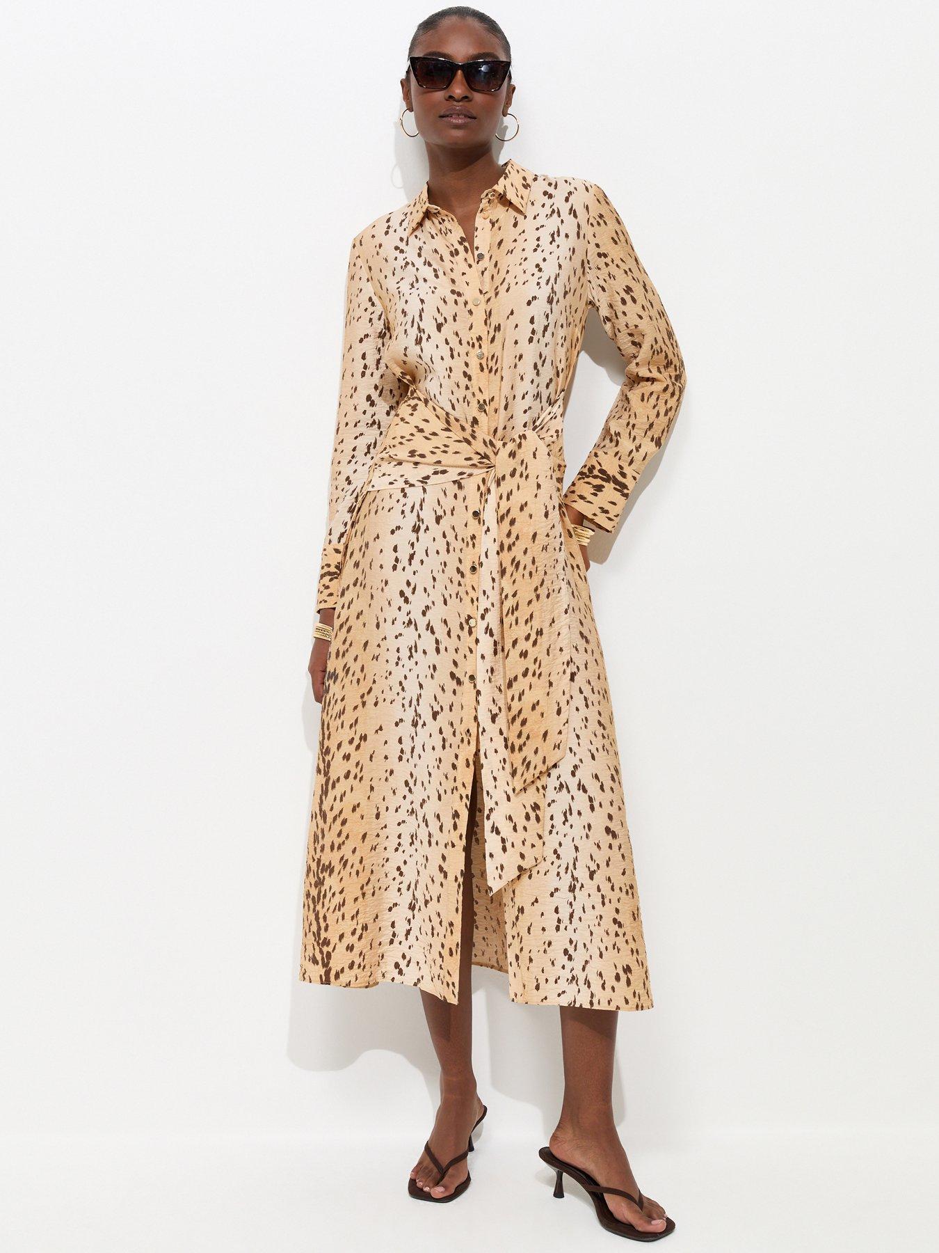 New Look Animal Print Long Sleeve Midi Shirt Dress - Brown