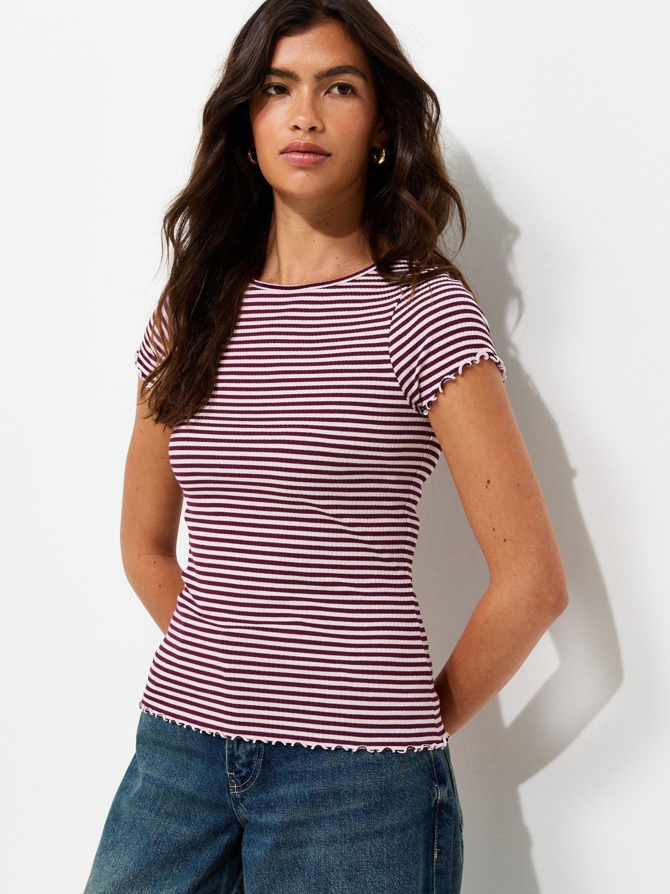 Image 1 of 5 of New Look Burgundy Striped Ribbed Babylock T-Shirt - Pink