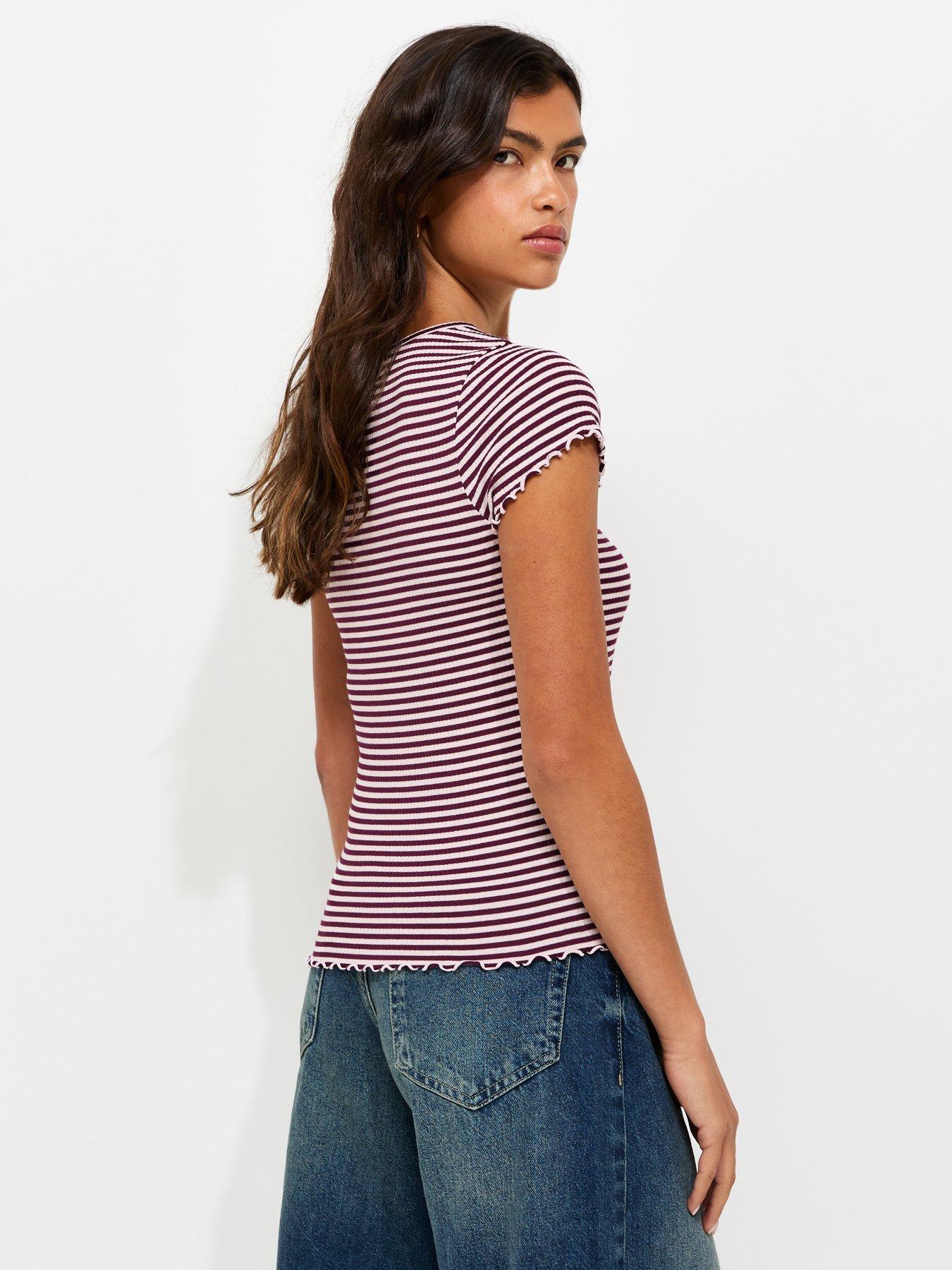 Image 2 of 5 of New Look Burgundy Striped Ribbed Babylock T-Shirt - Pink