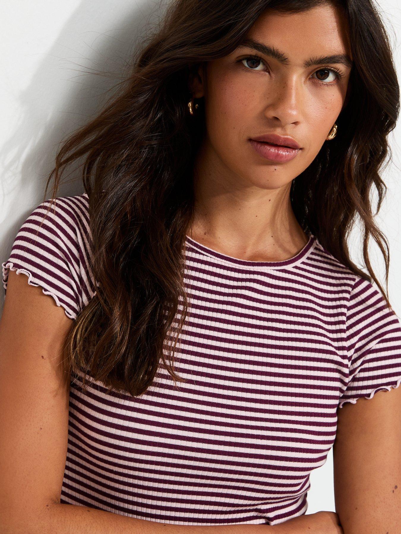 Image 4 of 5 of New Look Burgundy Striped Ribbed Babylock T-Shirt - Pink