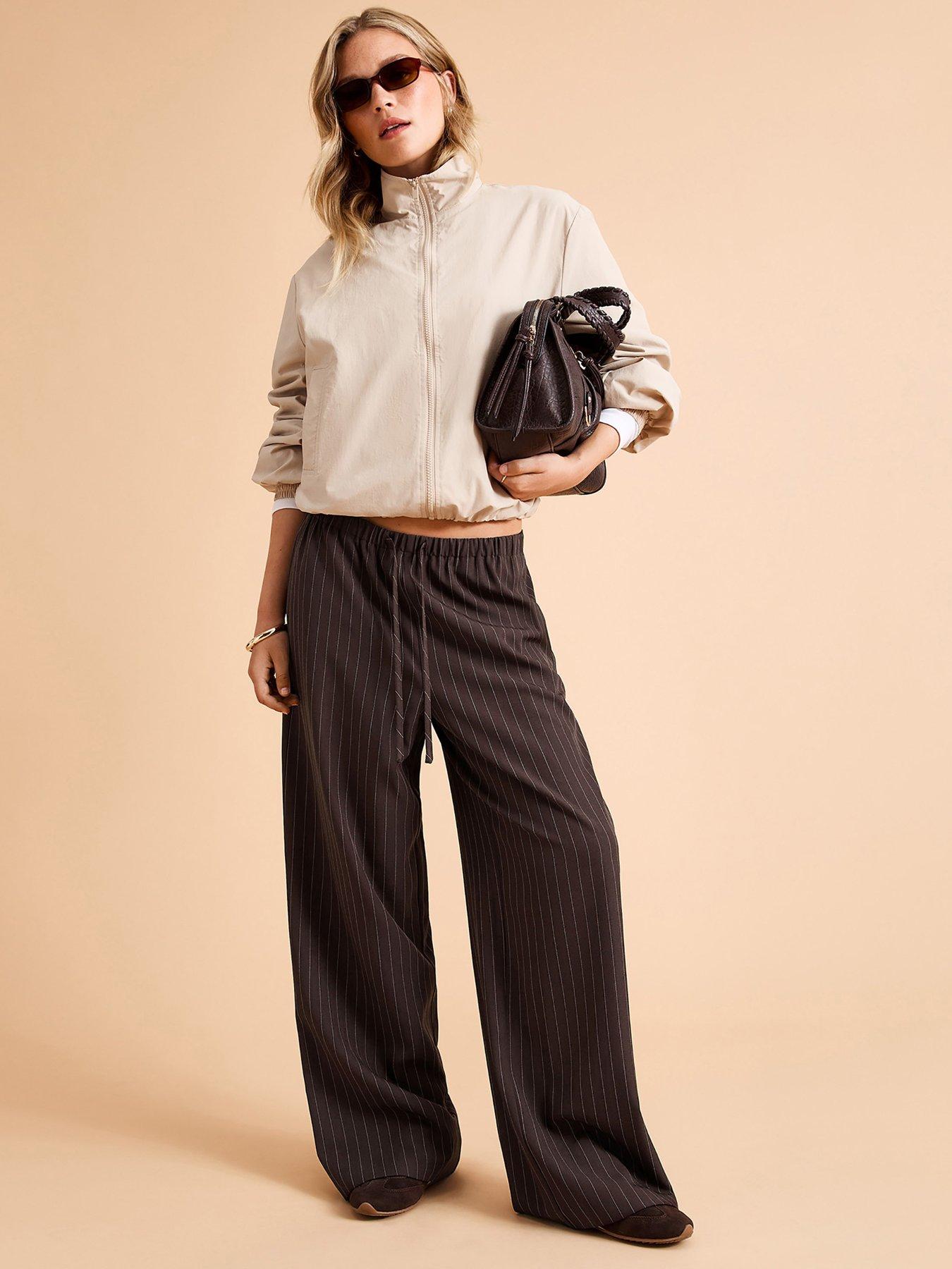 New Look Pinstripe Tailored Wide Leg Trousers - Brown