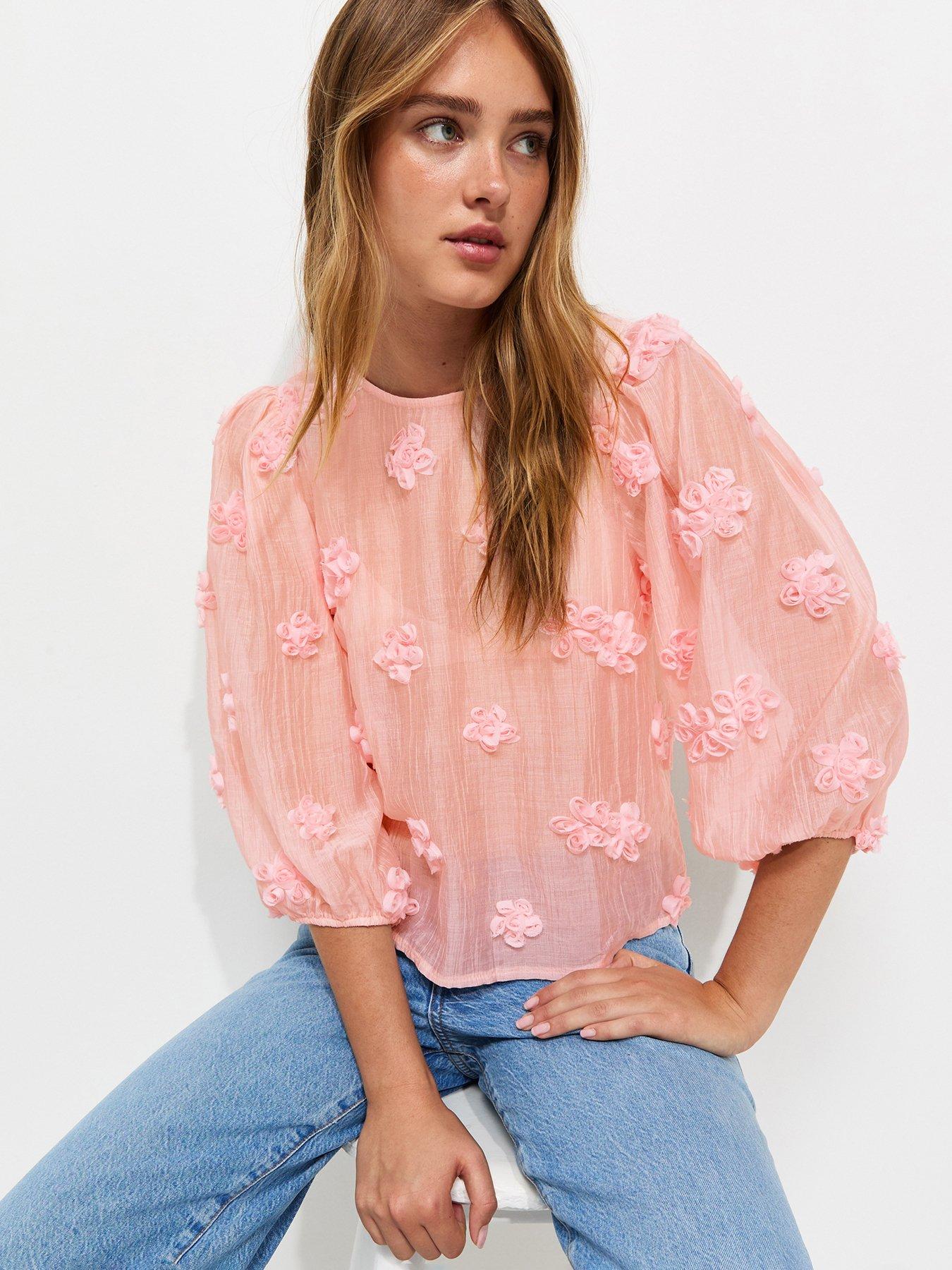 New Look Floral Appliqué Cropped Sleeve Smock Top - Pink