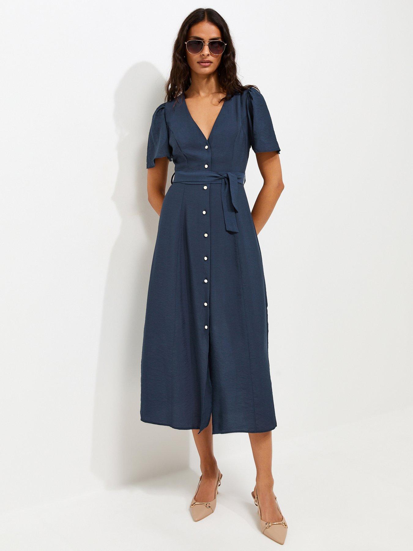 Image 1 of 3 of New Look Button Front Flutter Sleeve Midi Dress - Blue