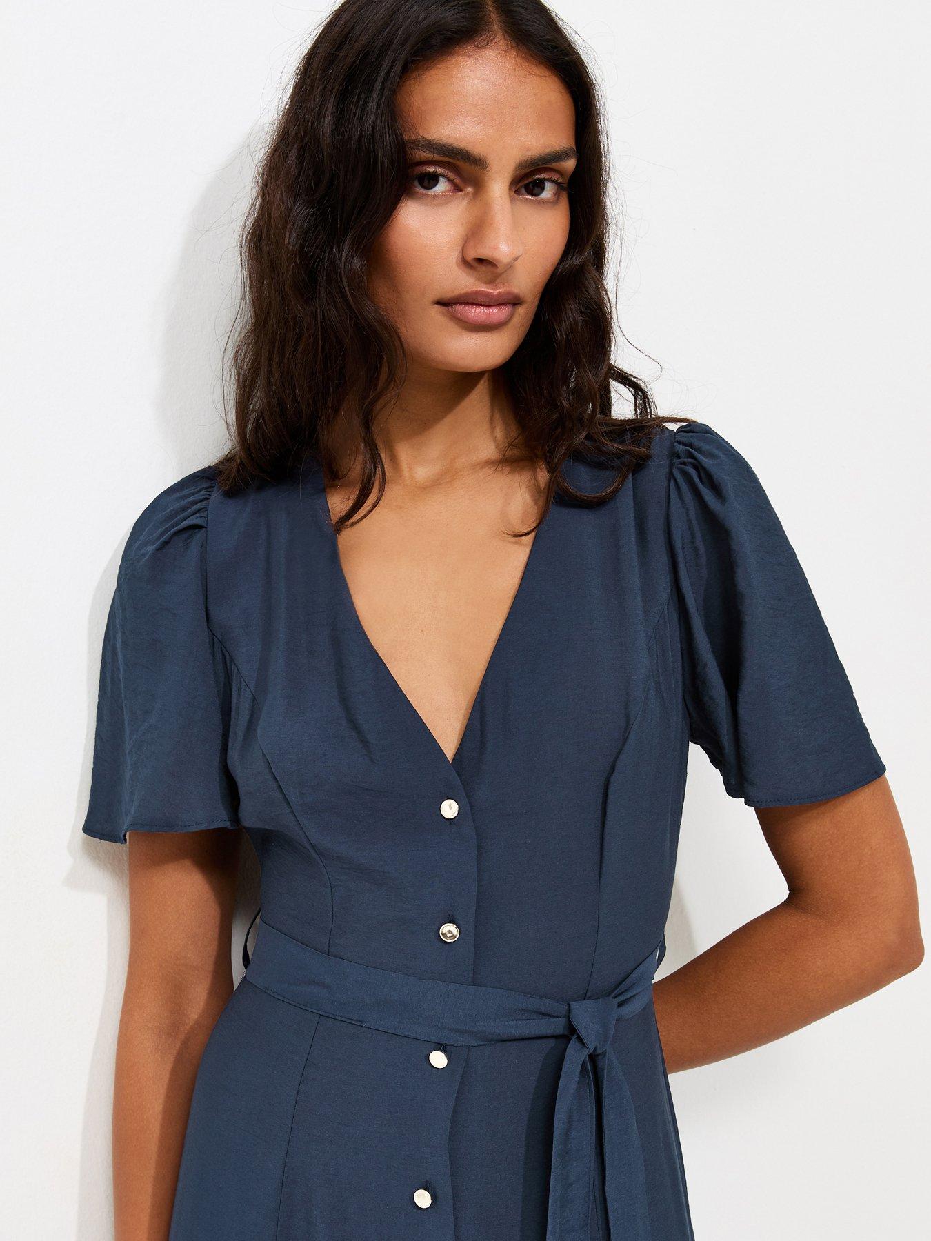 Image 2 of 3 of New Look Button Front Flutter Sleeve Midi Dress - Blue