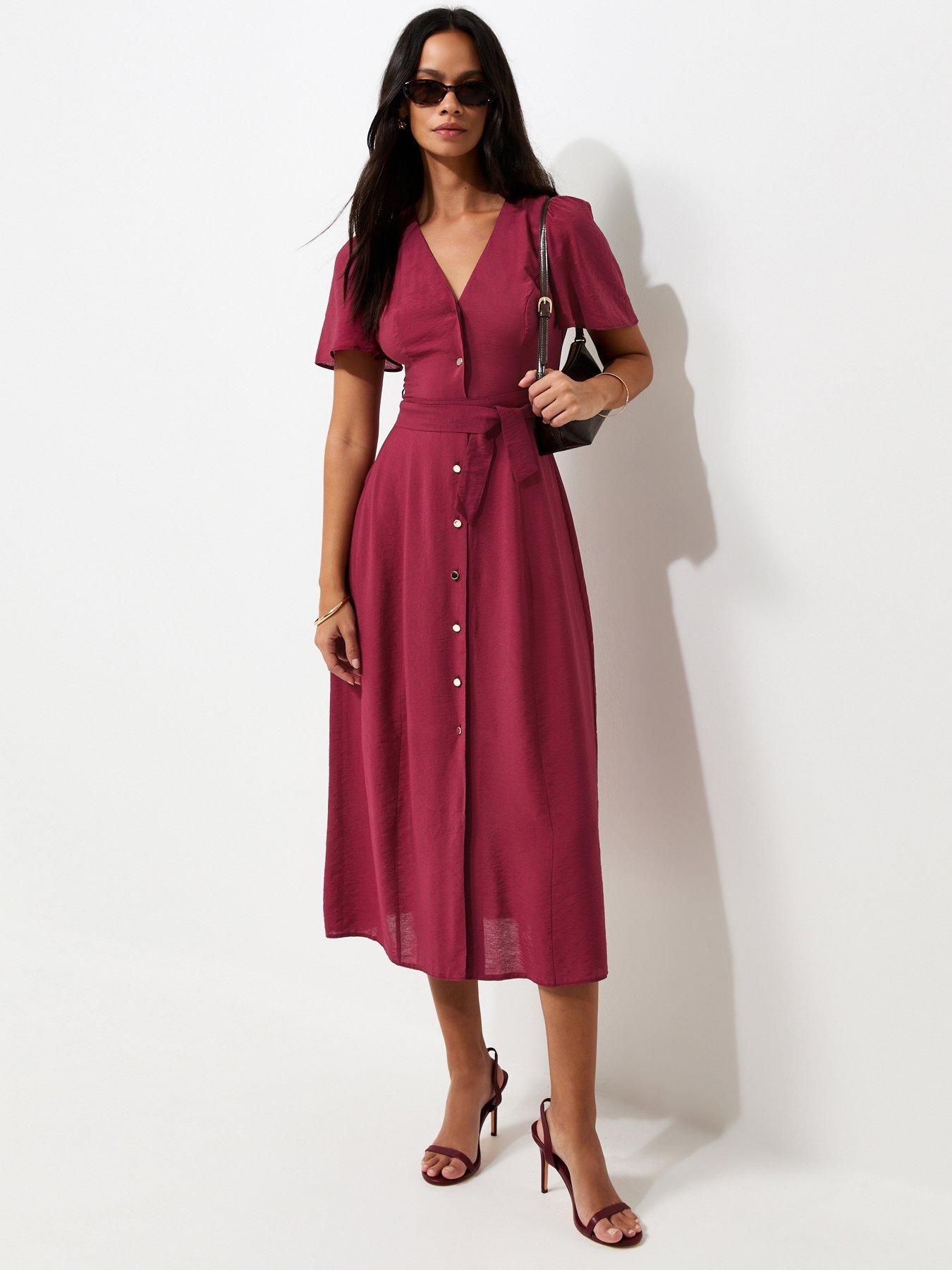 Image 1 of 3 of New Look Button Front Flutter Sleeve Midi Dress - Red