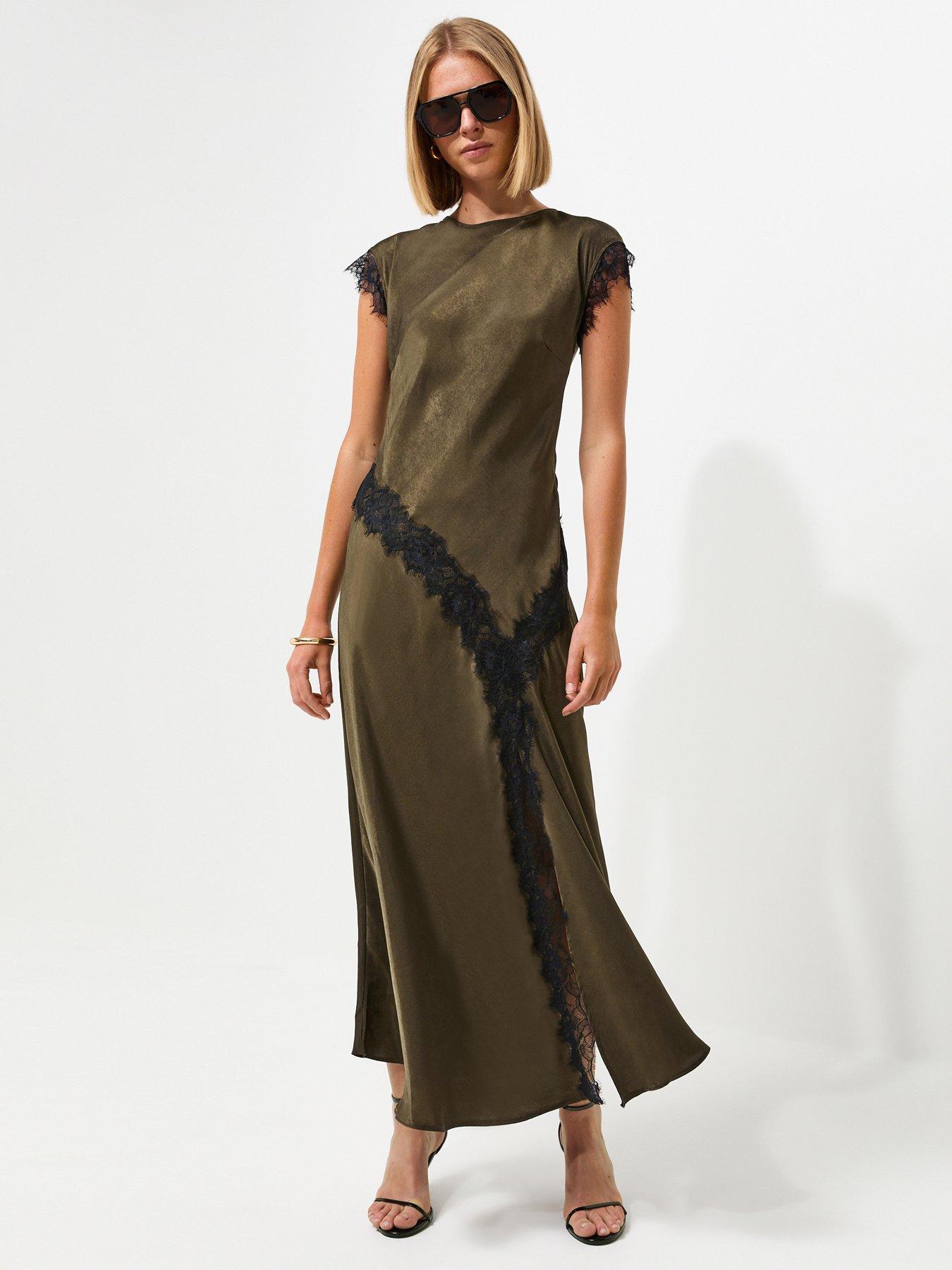 New Look Lace Trim Bias Cut Midi Dress - Green