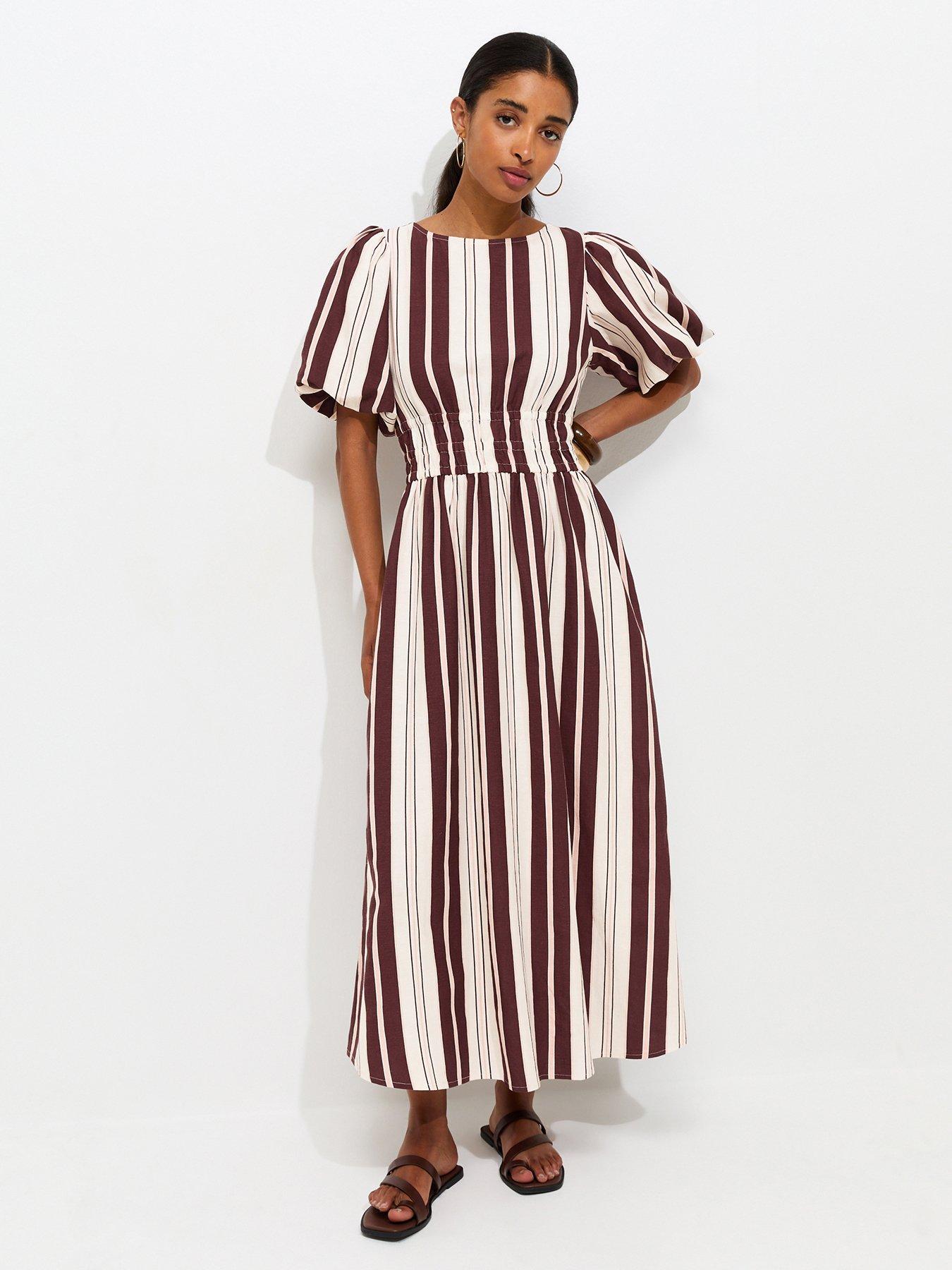 New Look Women's Cotton Striped Shirred Waist Puff Sleeve Midi Dress - Cream