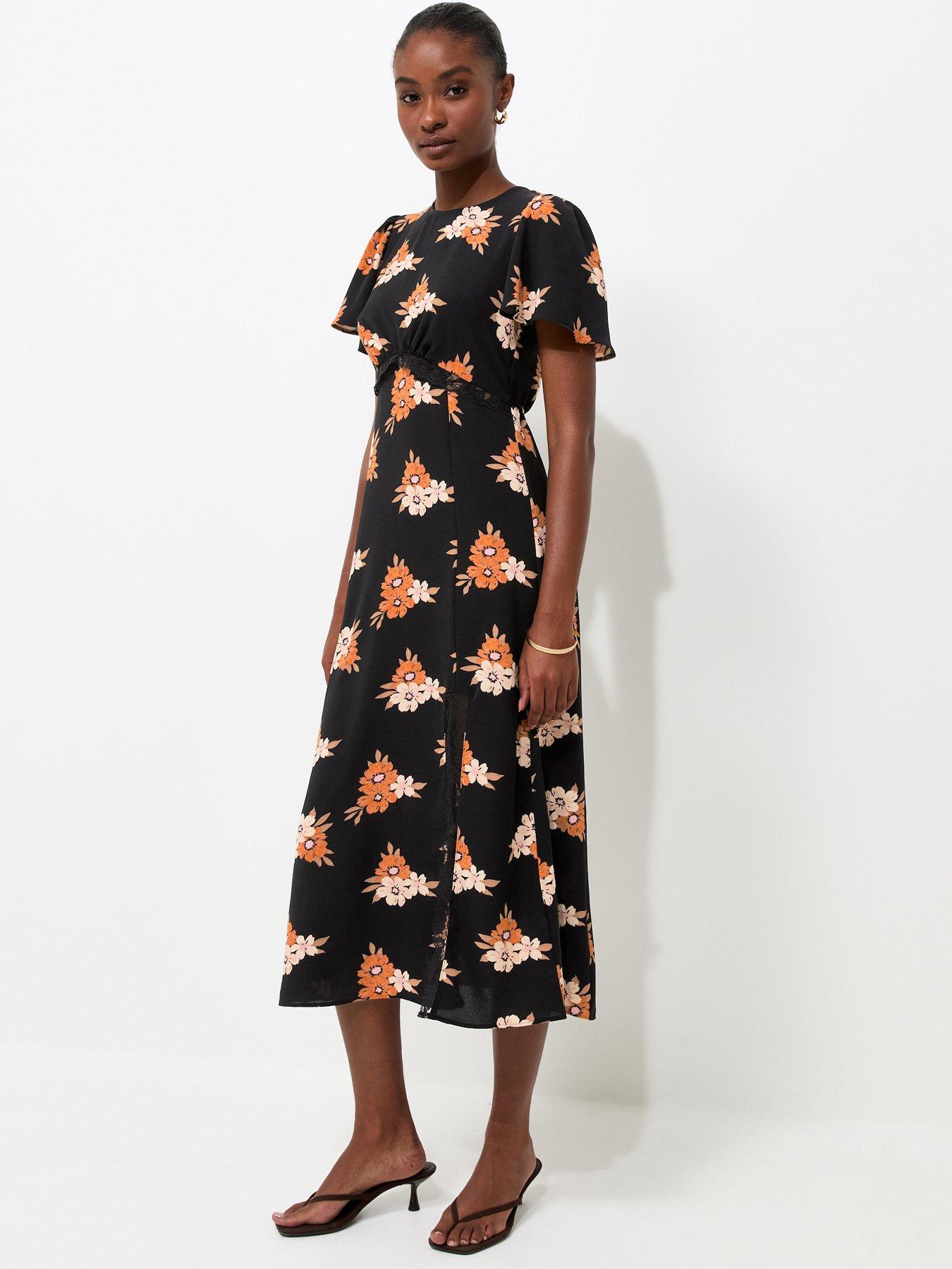 New Look Floral Print Lace Trim Midi Dress - Black