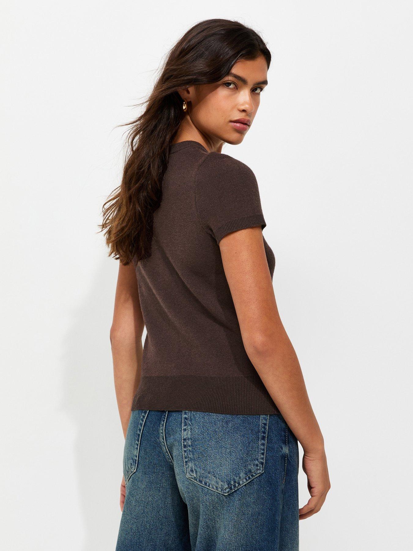 Image 2 of 5 of New Look Compact Knit Cap Sleeve Buttoned Top - Dark Brown
