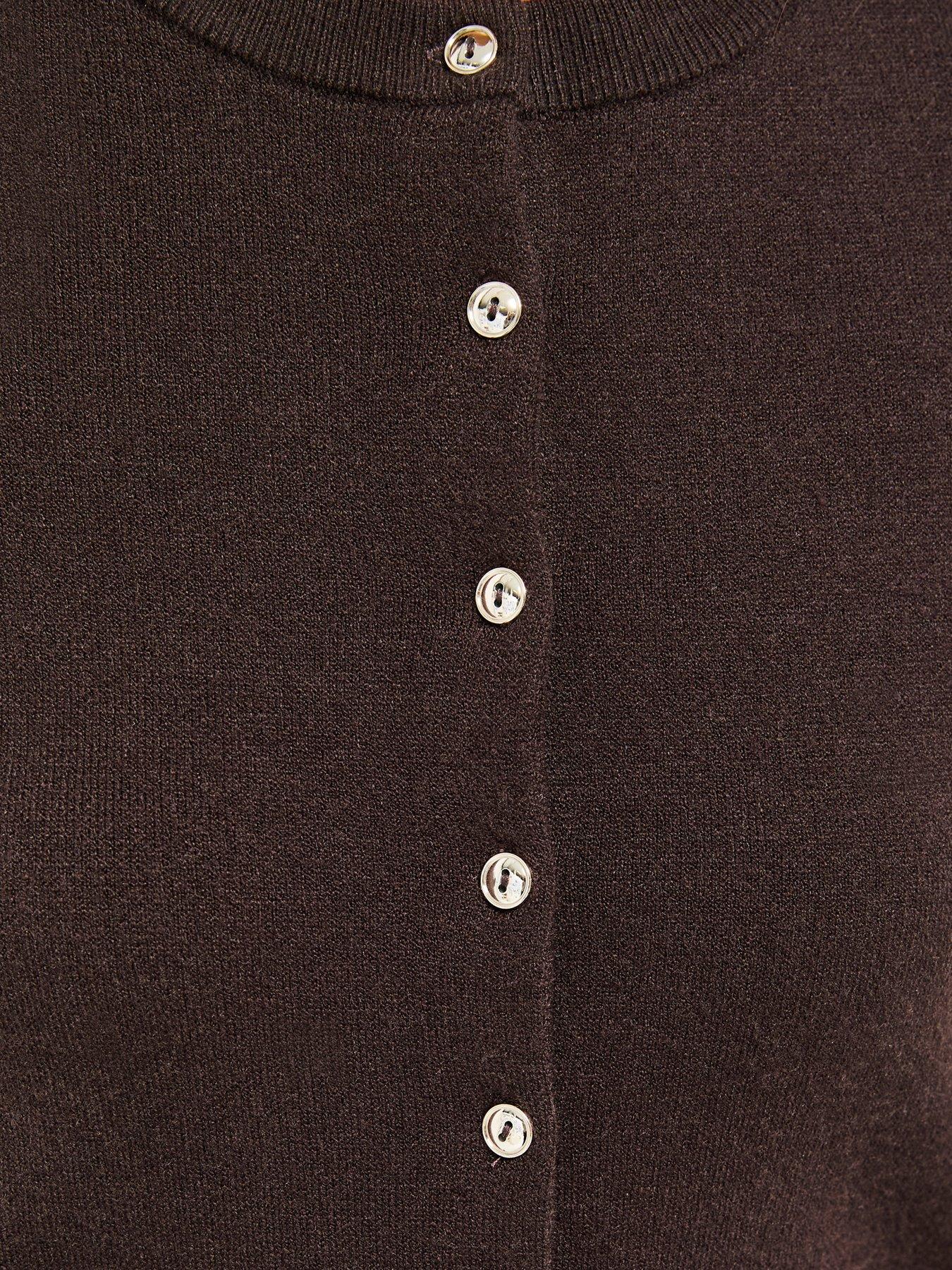 Image 5 of 5 of New Look Compact Knit Cap Sleeve Buttoned Top - Dark Brown