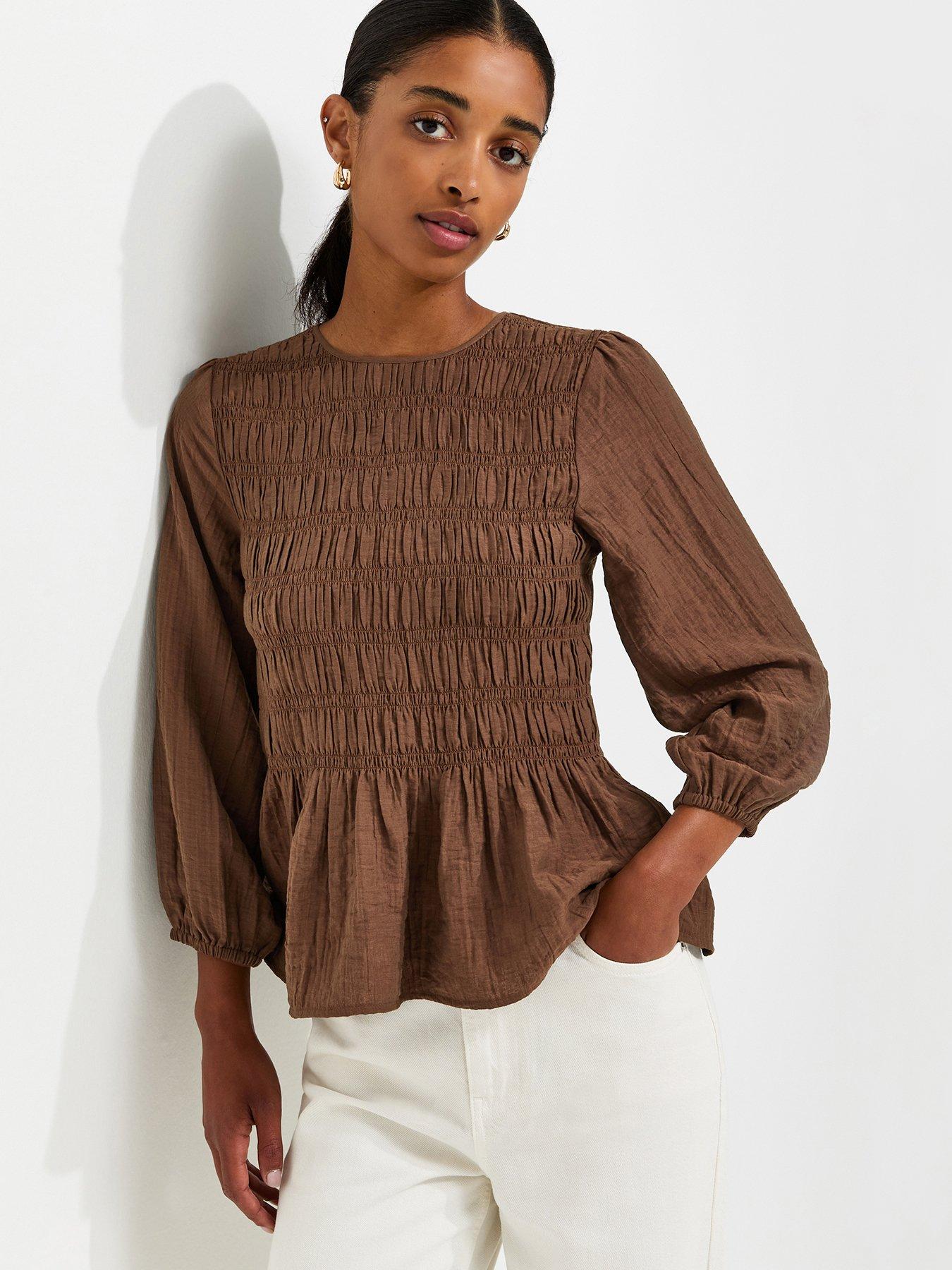 Image 1 of 5 of New Look Shirred Long Sleeve Blouse - Brown