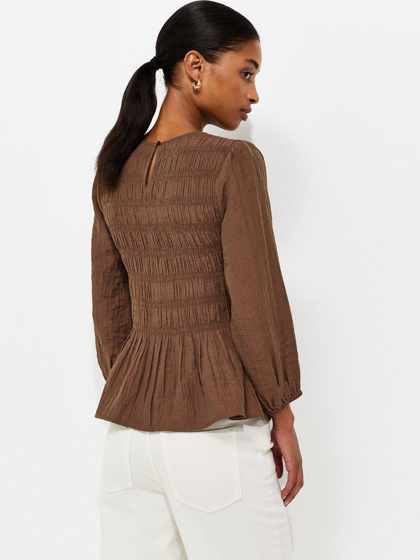 Image 2 of 5 of New Look Shirred Long Sleeve Blouse - Brown