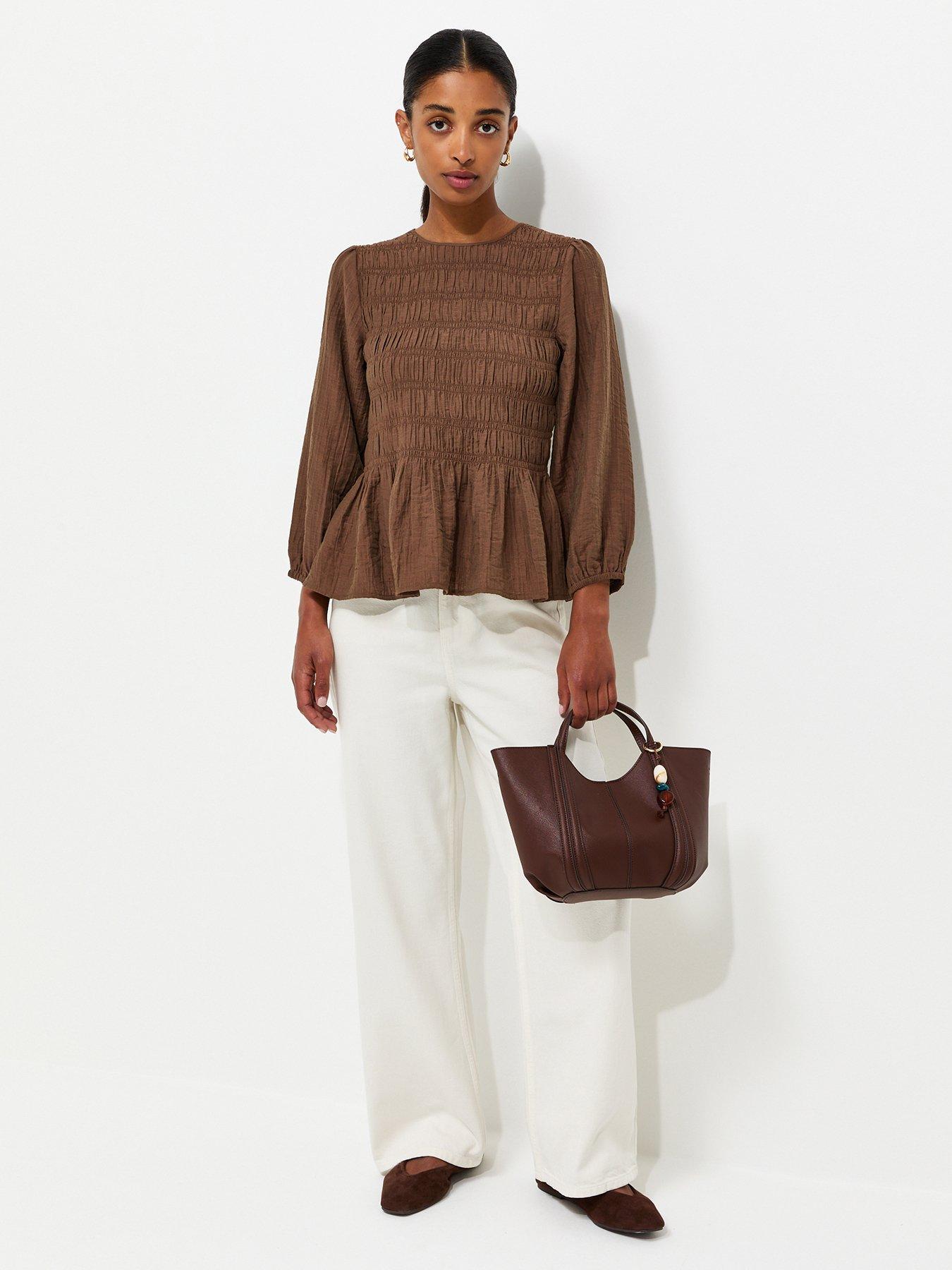 Image 3 of 5 of New Look Shirred Long Sleeve Blouse - Brown