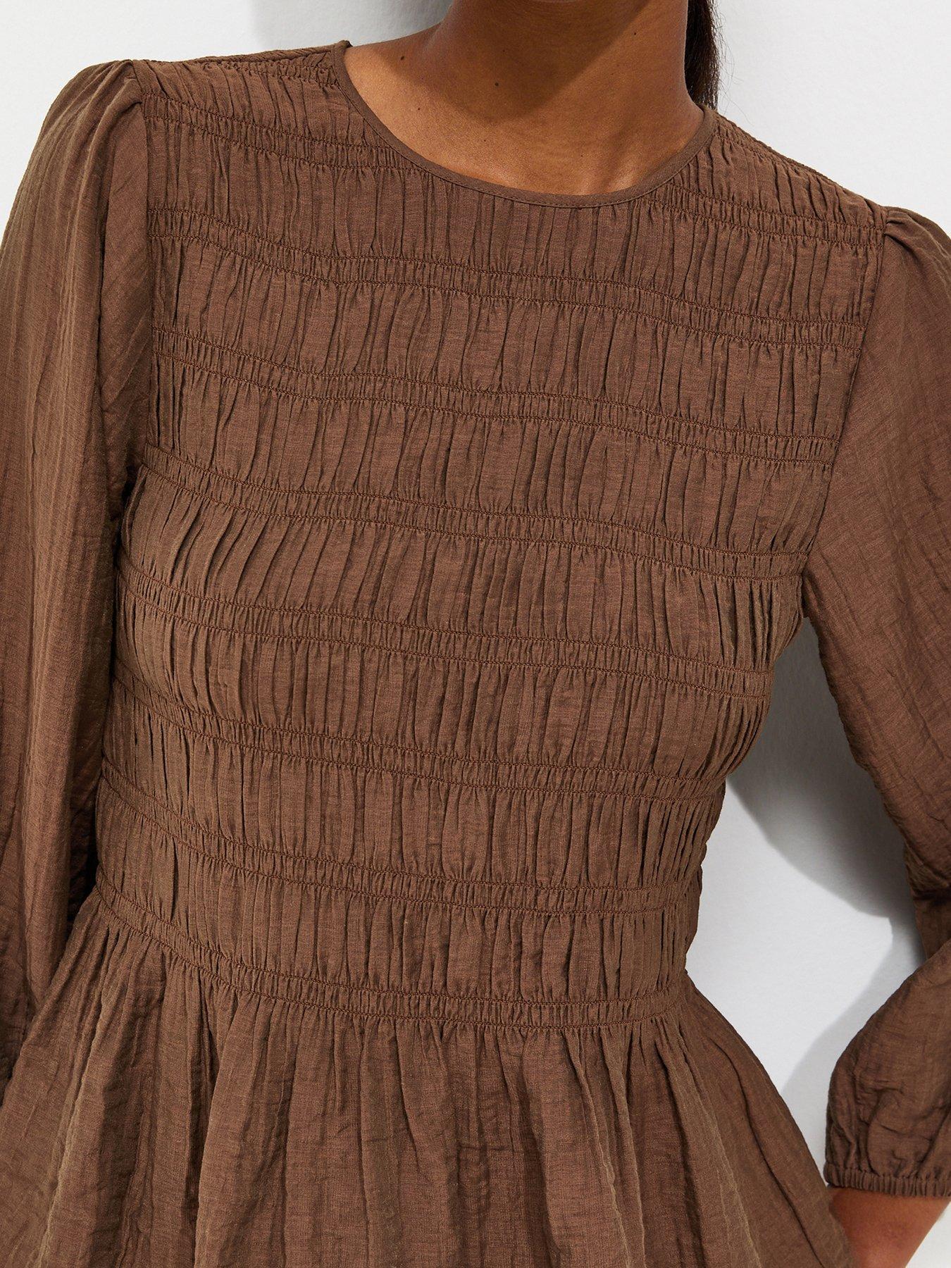 Image 4 of 5 of New Look Shirred Long Sleeve Blouse - Brown