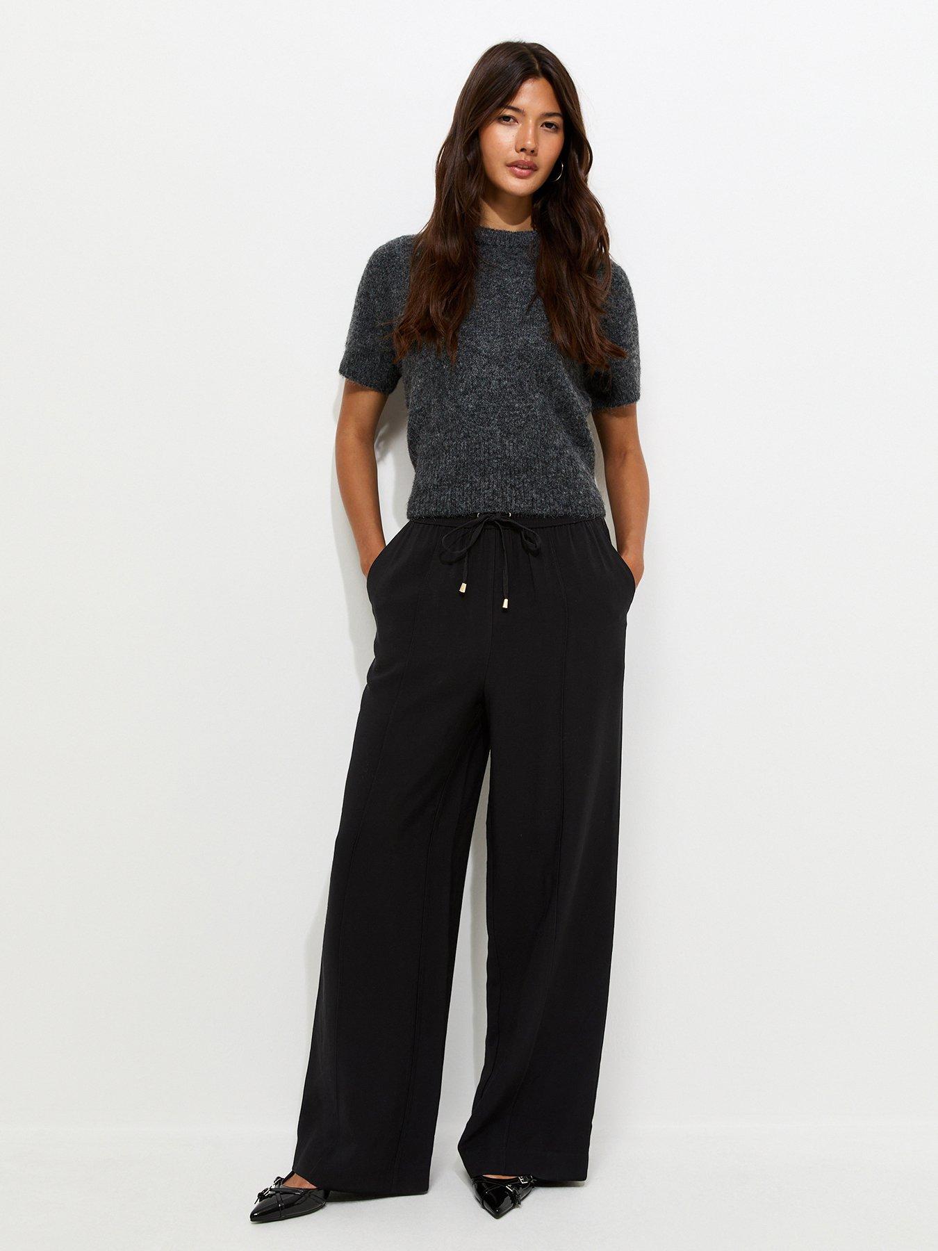 Image 1 of 5 of New Look Drawstring Front Crease Wide Leg Trousers - Black