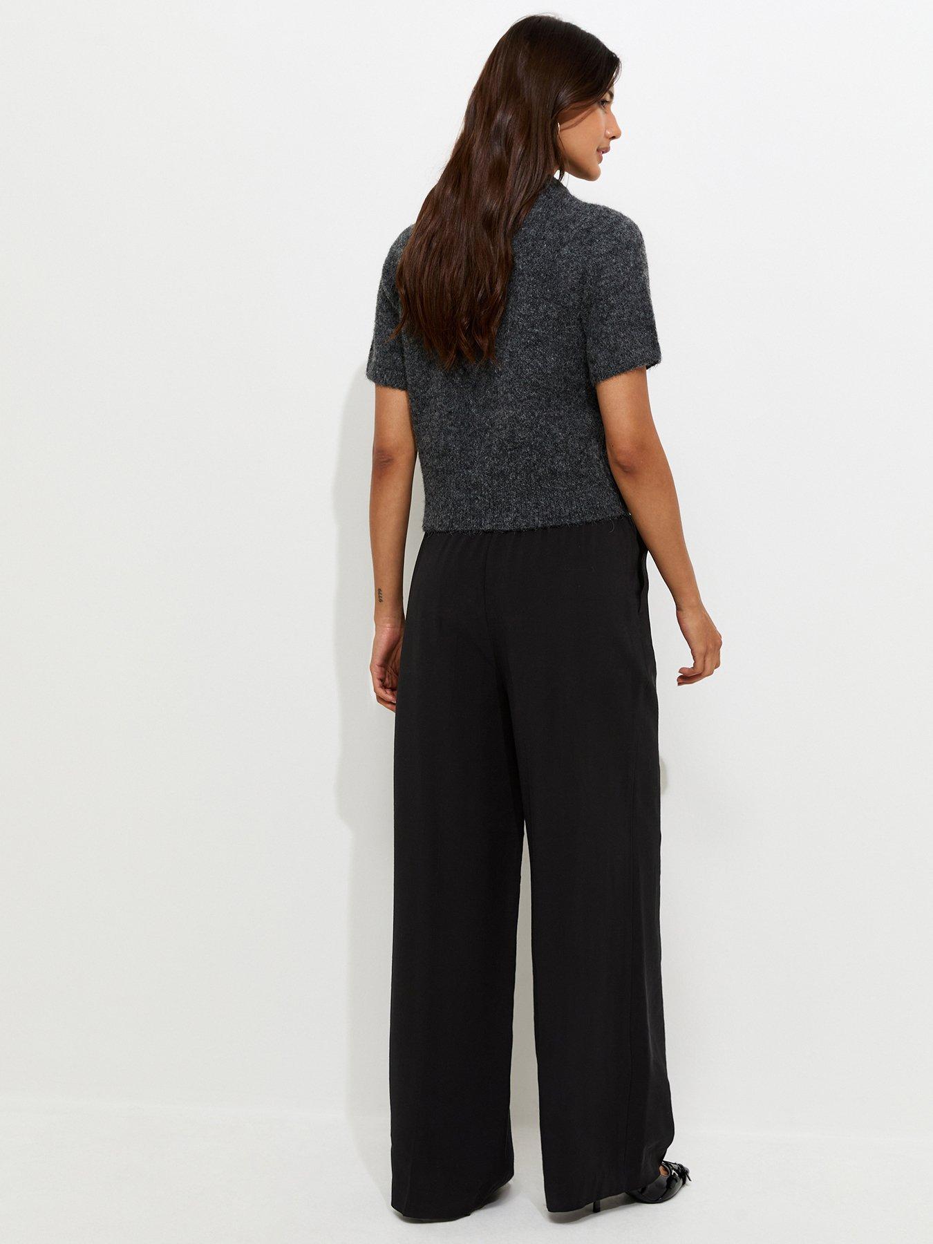 Image 2 of 5 of New Look Drawstring Front Crease Wide Leg Trousers - Black