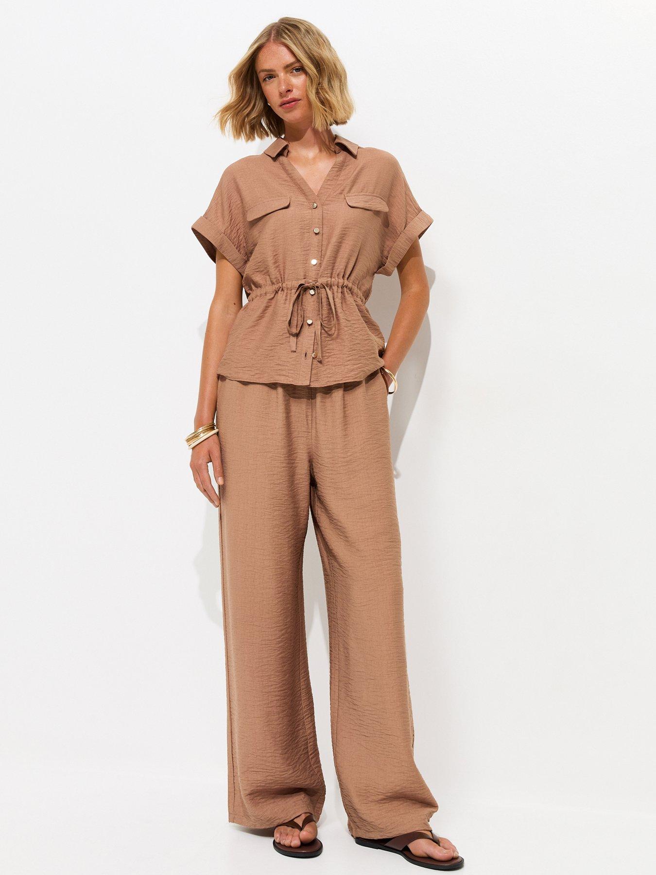 Image 1 of 5 of New Look Mink Crinkle Texture Wide Leg Co-ord Trousers - Brown