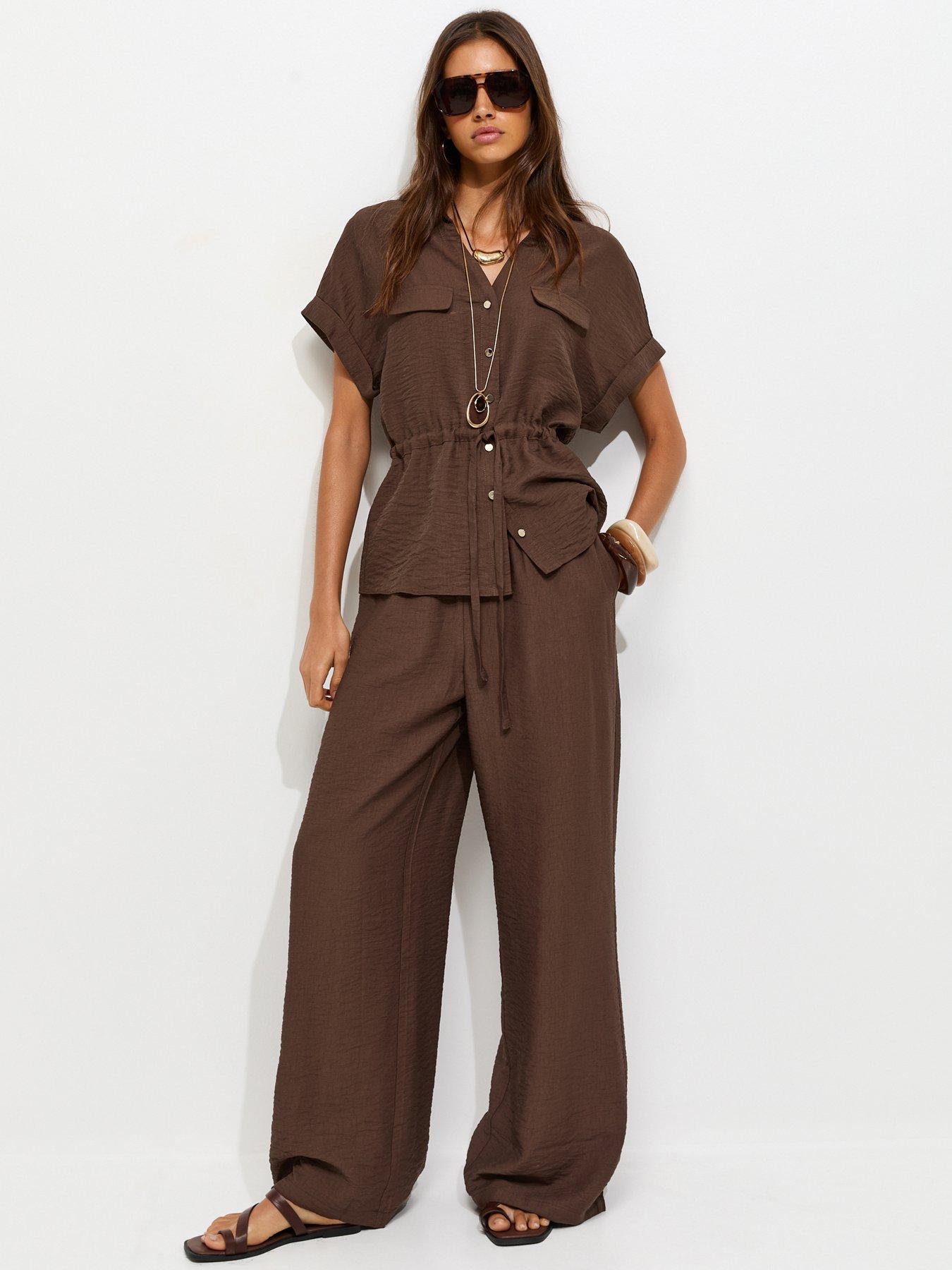 New Look Crinkle Texture Wide Leg Co-ord Trousers - Brown