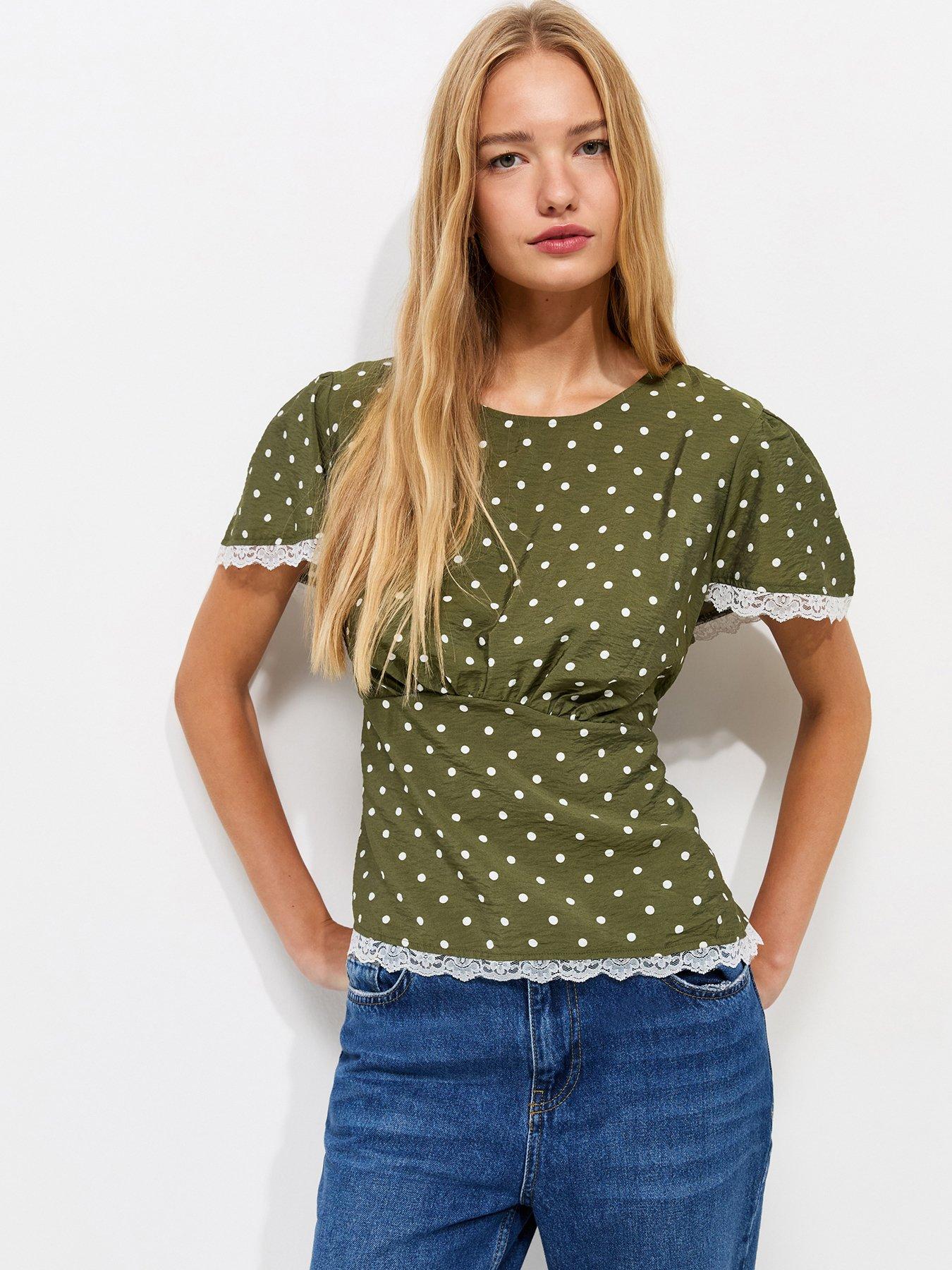 New Look Spot Print Lace Trim Blouse - Green