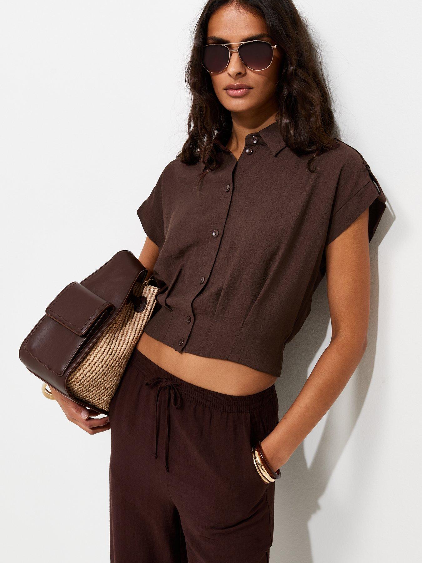 New Look Pleated Short Sleeve Shirt - Brown