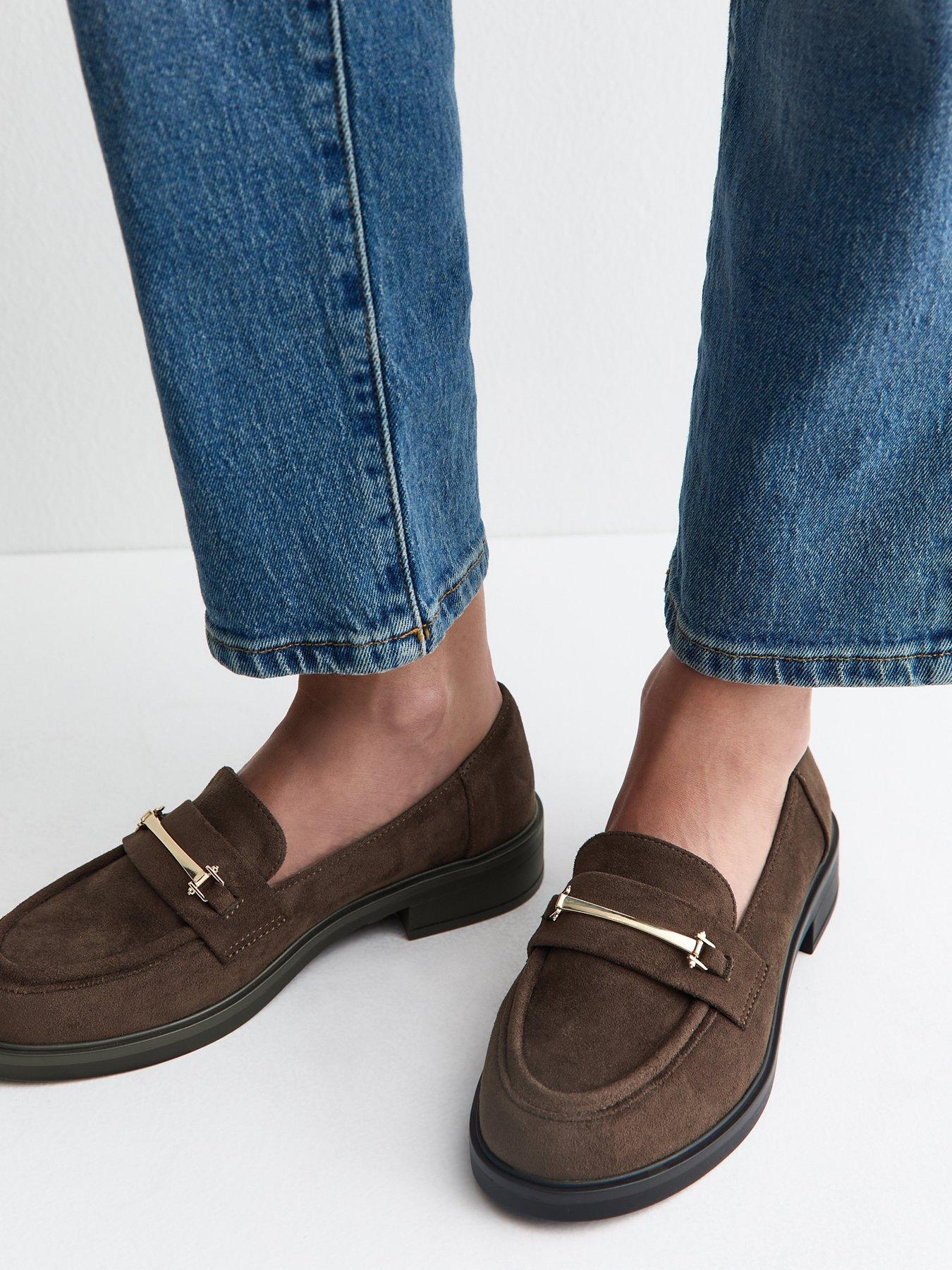 New Look Wide Fit Dark Brown Faux Suede Metallic Strap Loafers