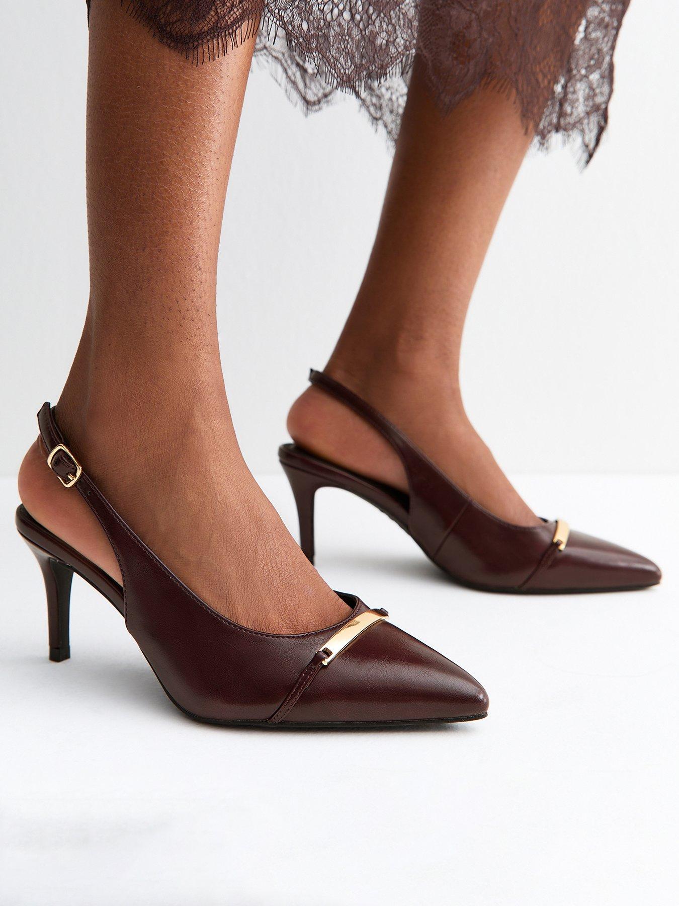 New Look Wide Fit Dark Burgundy Faux Leather Metallic Panel Slingback Pumps